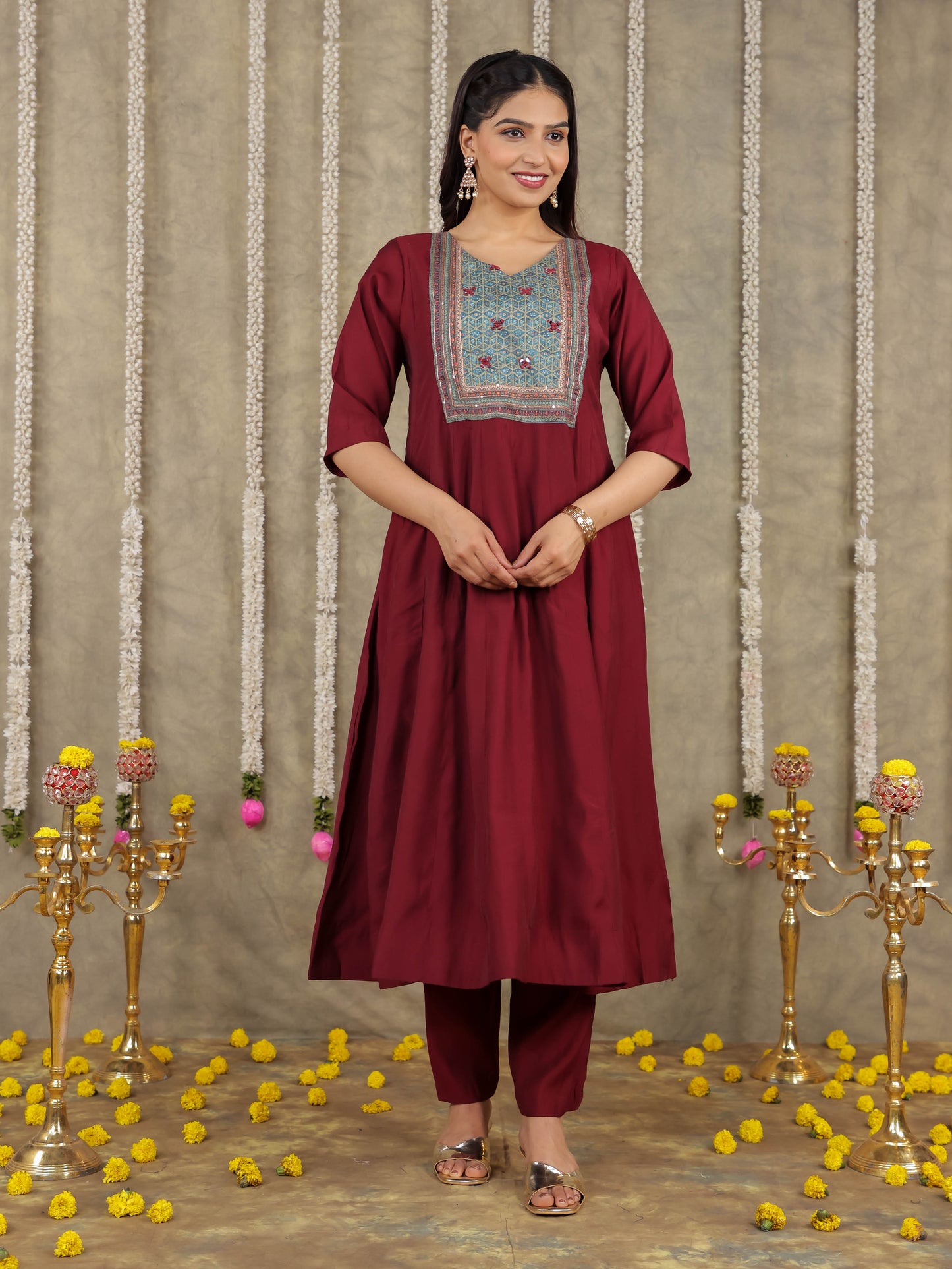 Embroidered Romen silk Solid Wine Kurta