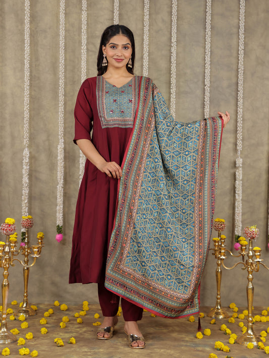 Embroidered Romen silk Solid Wine Kurta