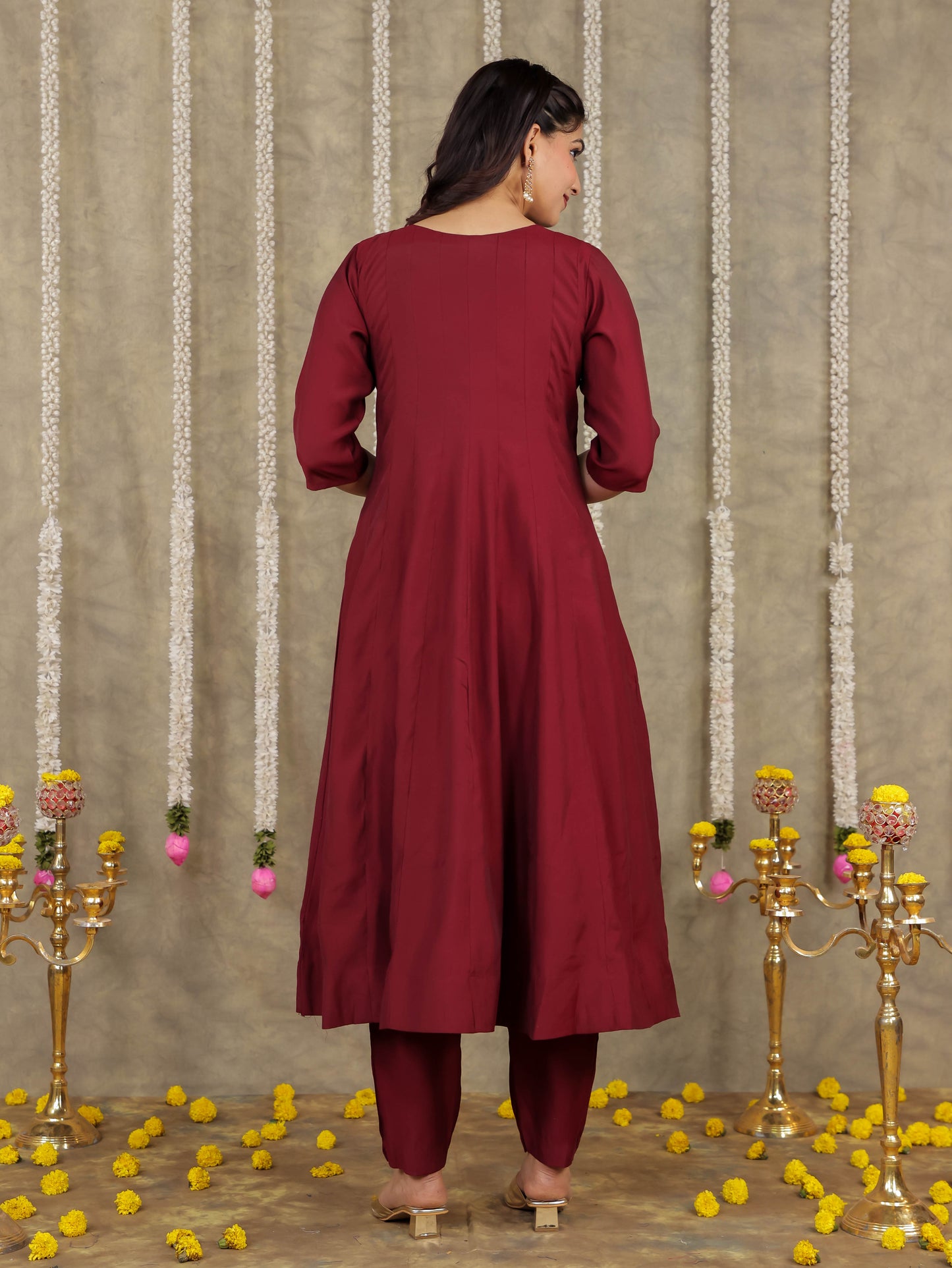 Embroidered Romen silk Solid Wine Kurta