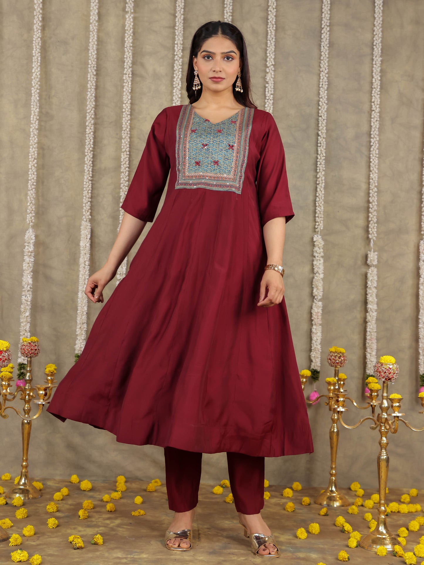Embroidered Romen silk Solid Wine Kurta