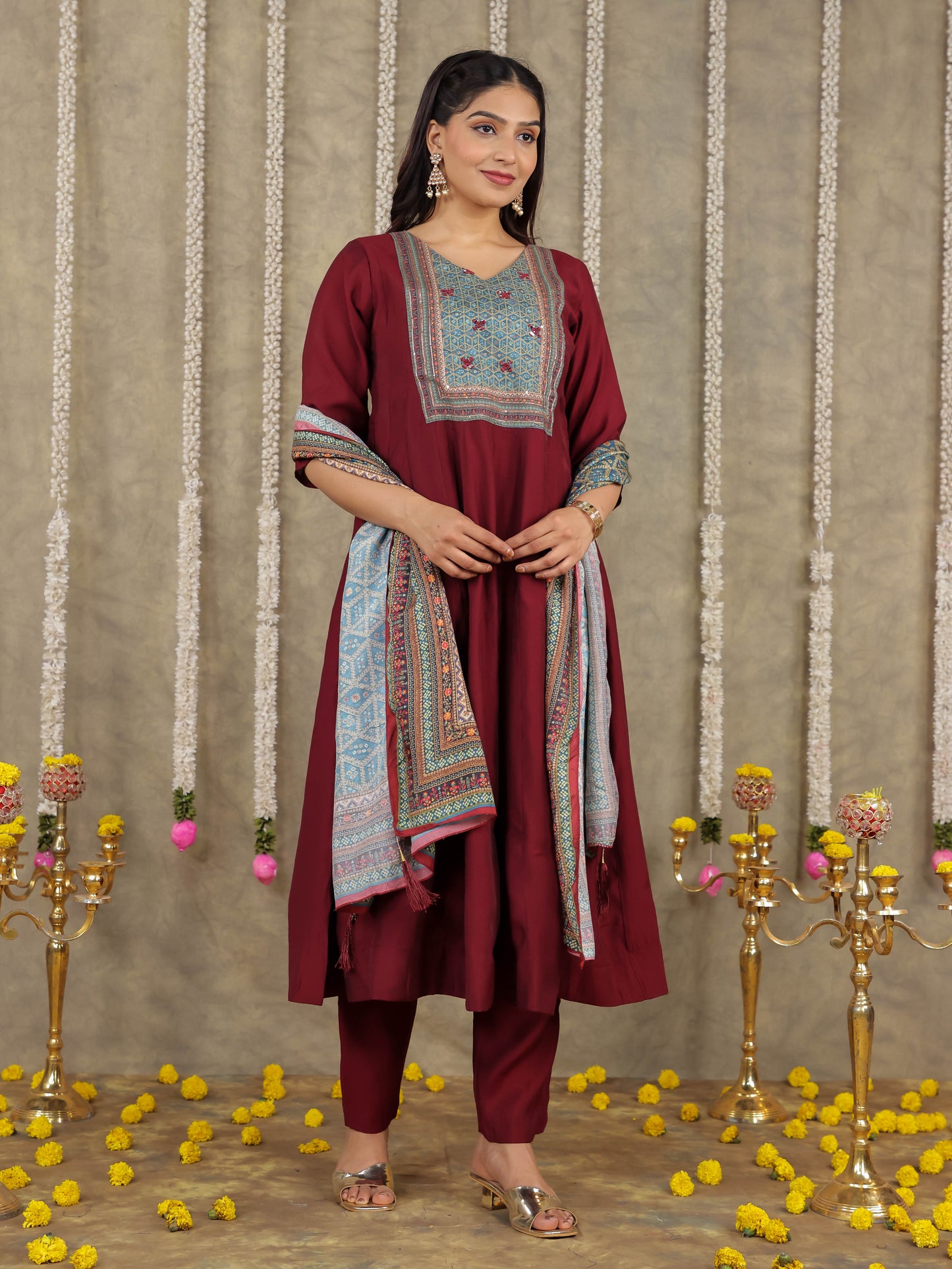 Embroidered Romen silk Solid Wine Kurta