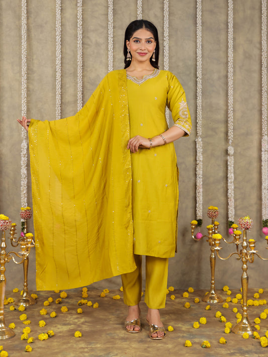 Embroidered Romen silk Solid Lime Green Kurta