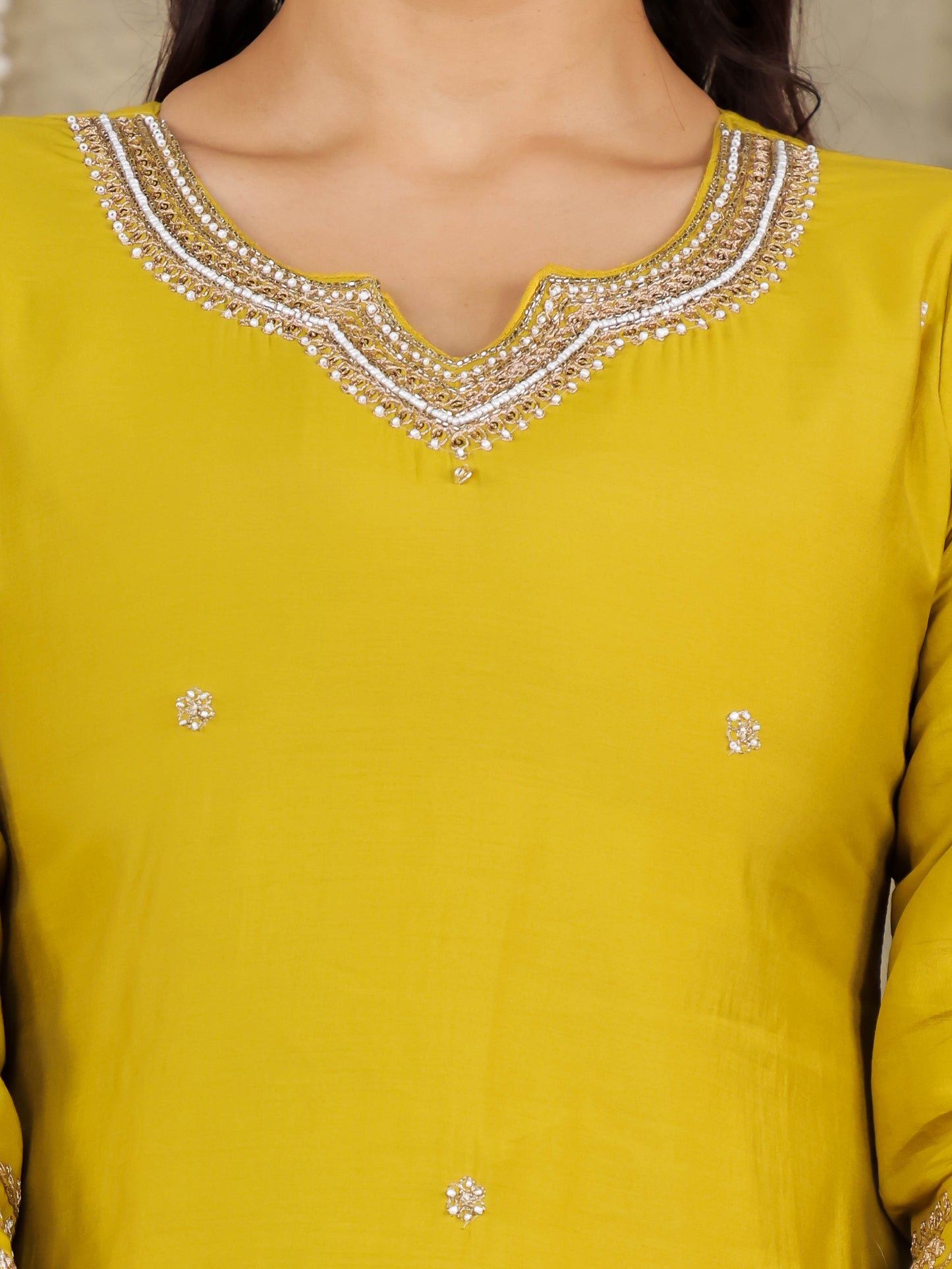 Embroidered Romen silk Solid Lime Green Kurta