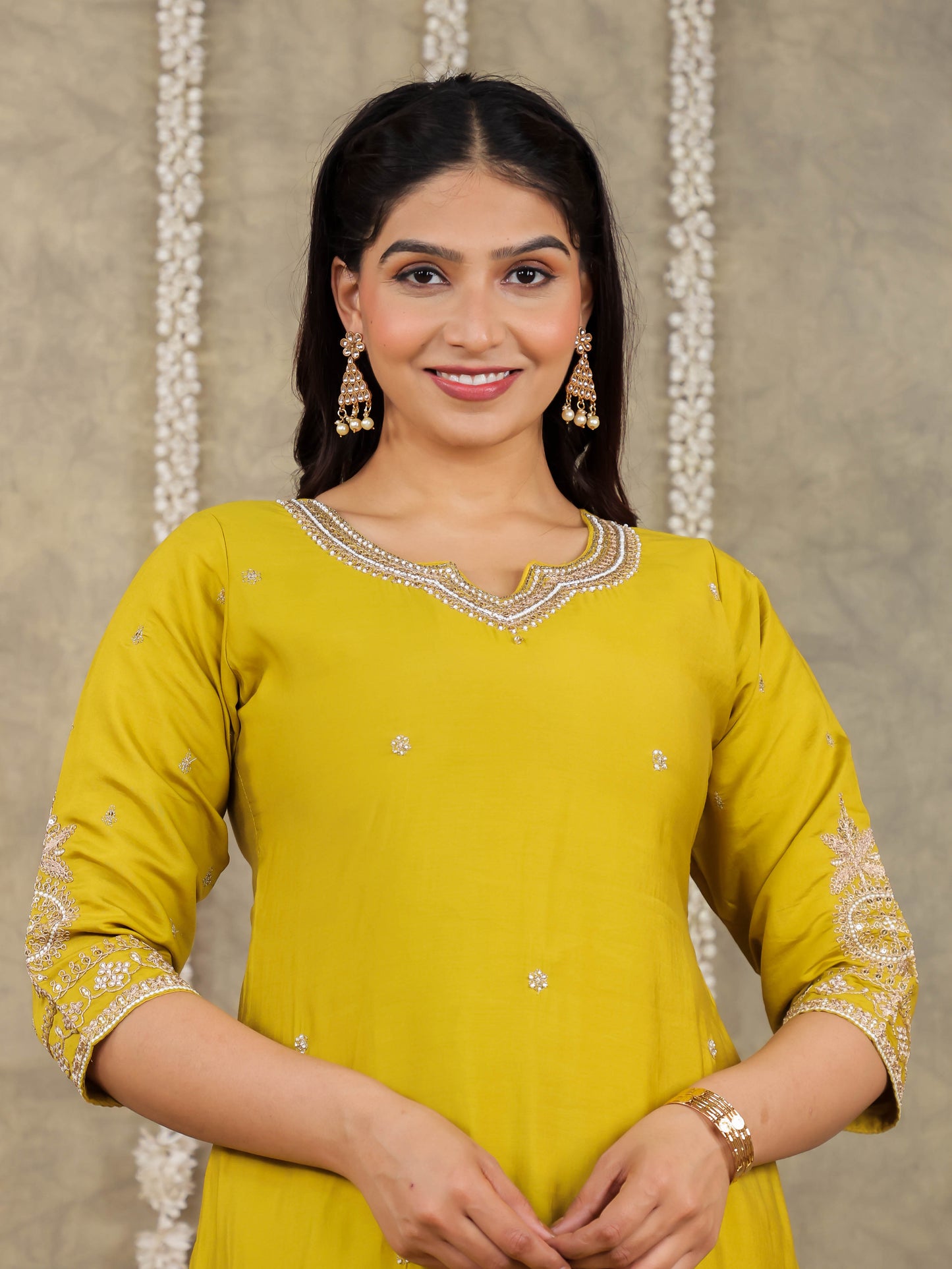 Embroidered Romen silk Solid Lime Green Kurta