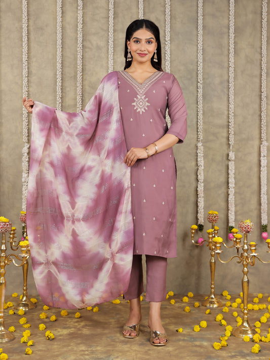 Embroidered Romen silk Solid Dusty Pink Kurta