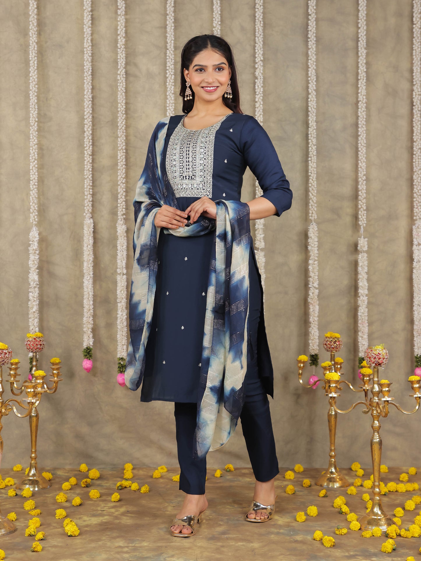 Embroidered Romen silk Solid Blue Kurta