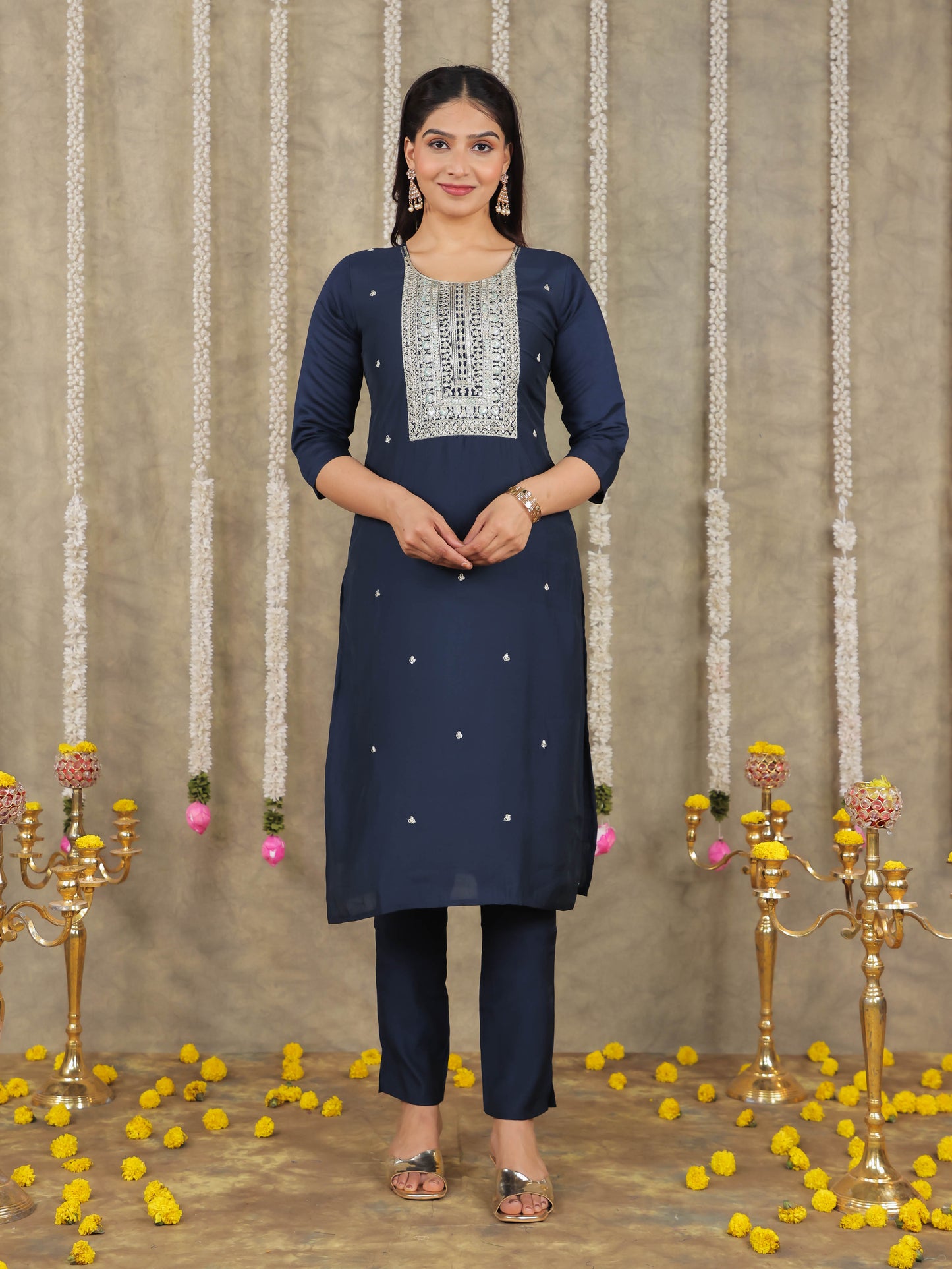 Embroidered Romen silk Solid Blue Kurta