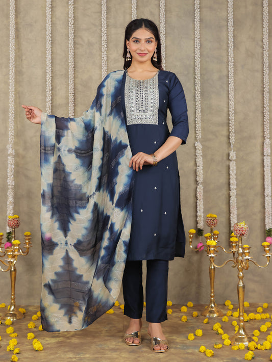 Embroidered Romen silk Solid Blue Kurta