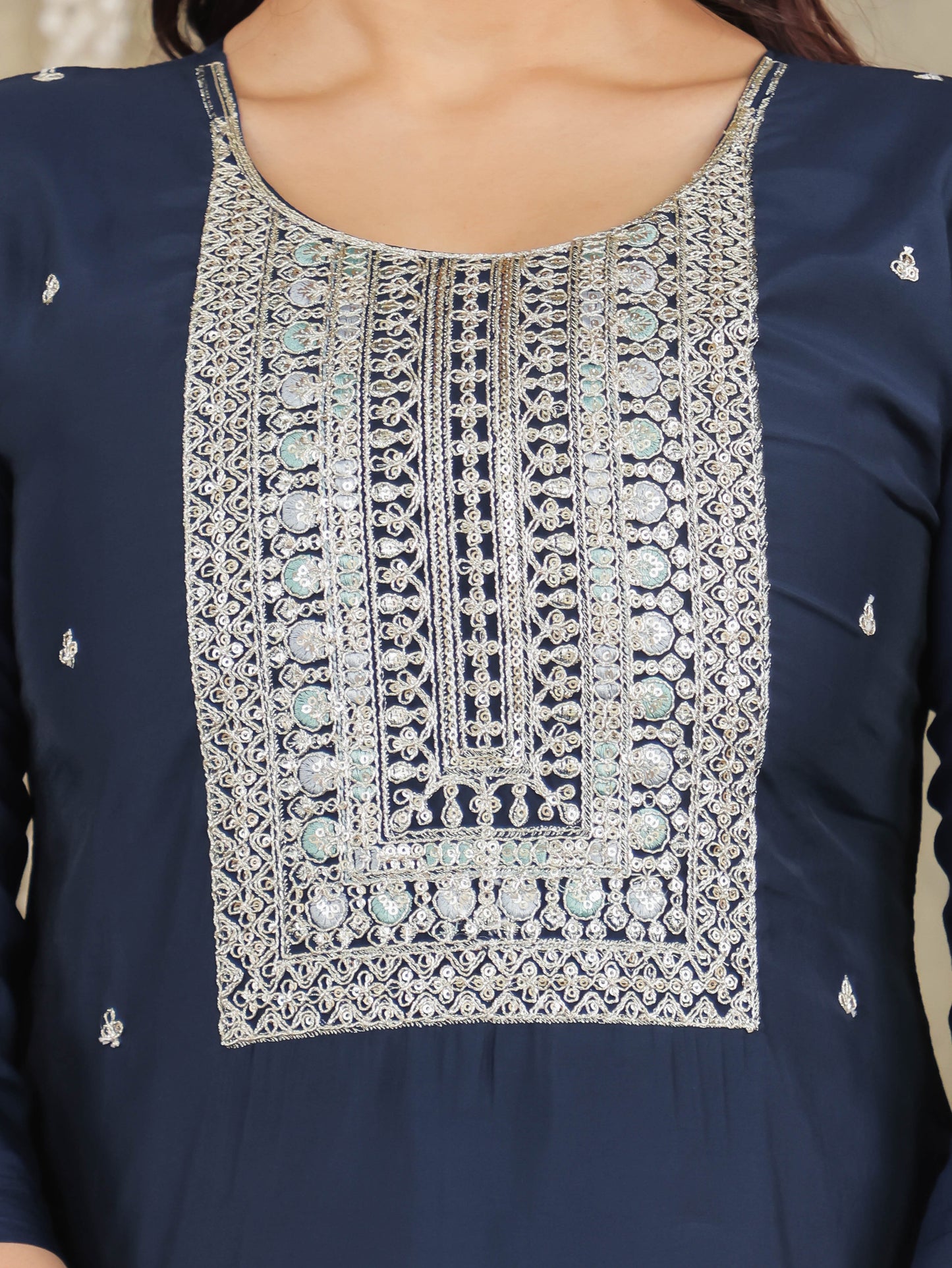 Embroidered Romen silk Solid Blue Kurta
