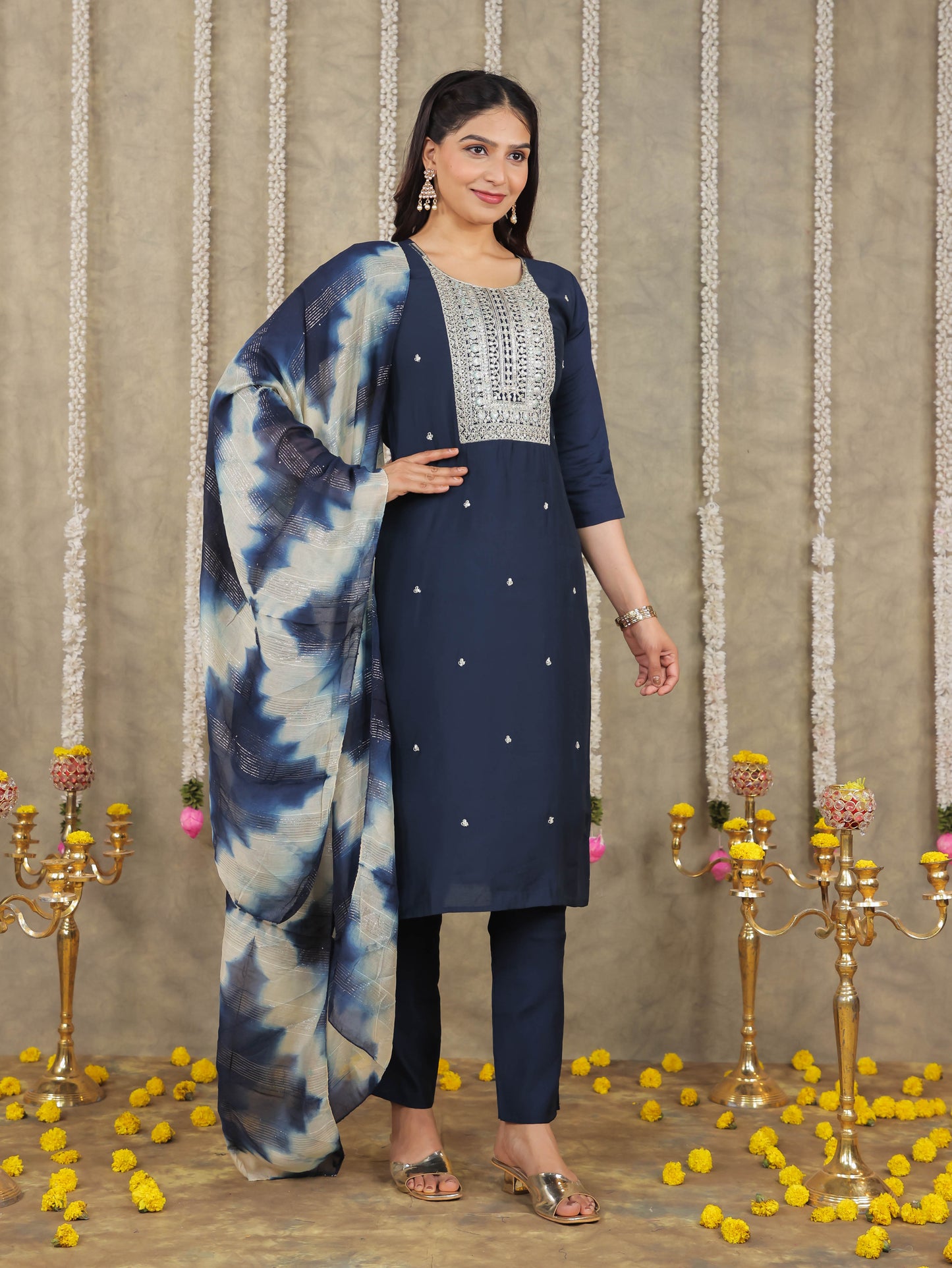 Embroidered Romen silk Solid Blue Kurta
