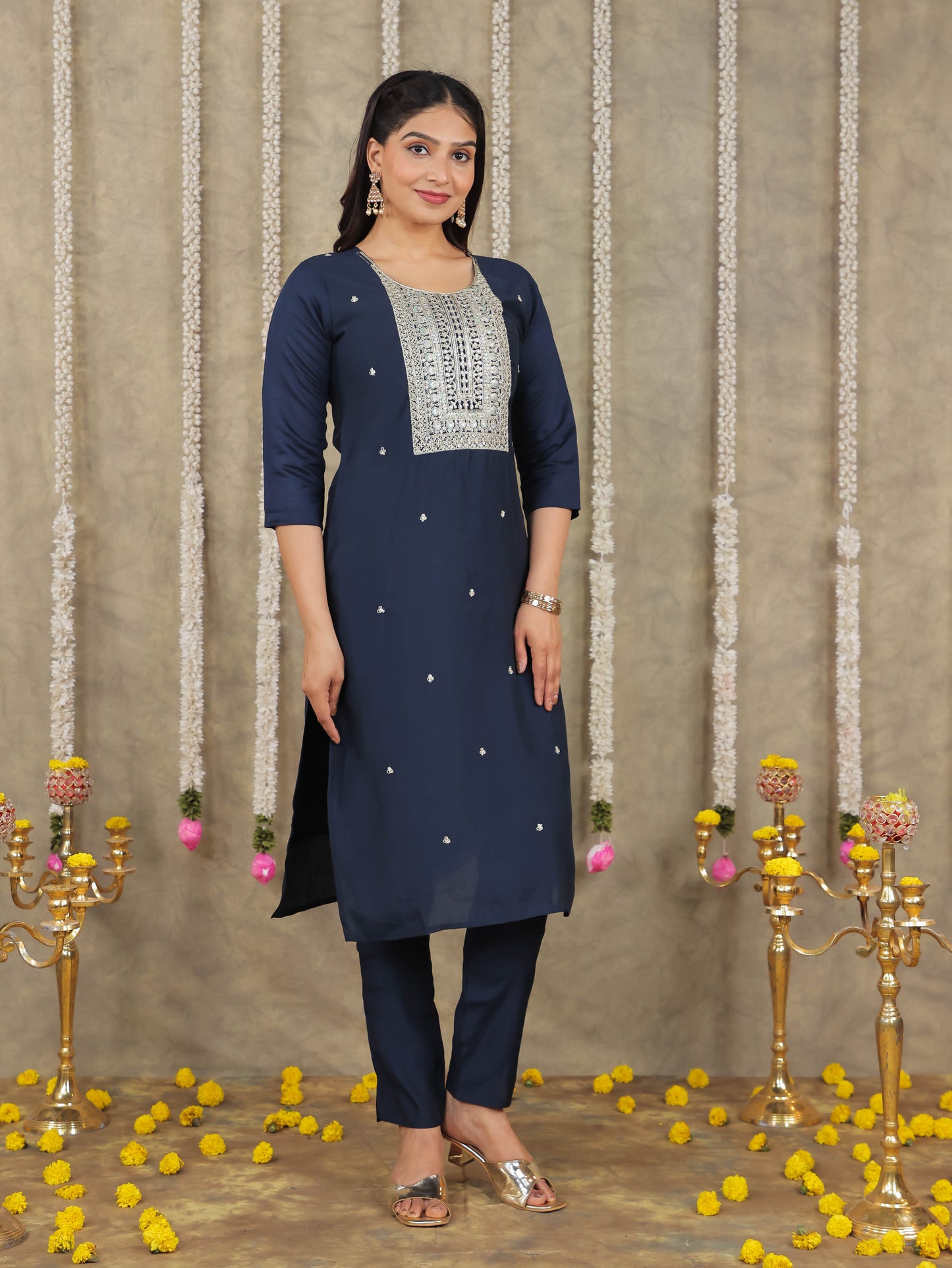 Embroidered Romen silk Solid Blue Kurta