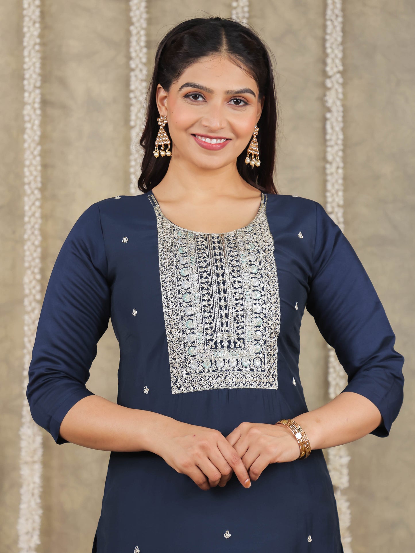 Embroidered Romen silk Solid Blue Kurta
