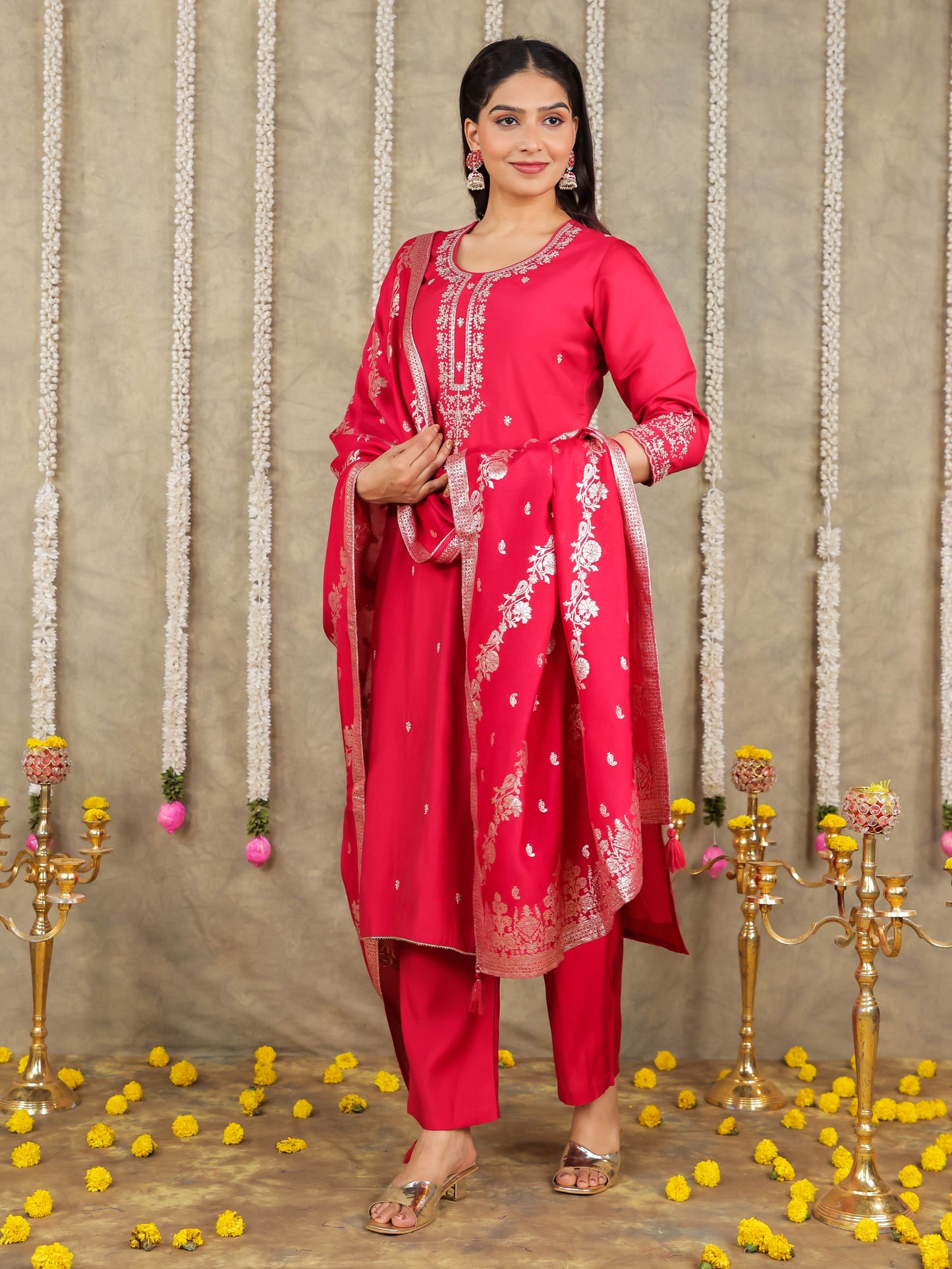 Embroidered Romen silk Solid Pink Kurta