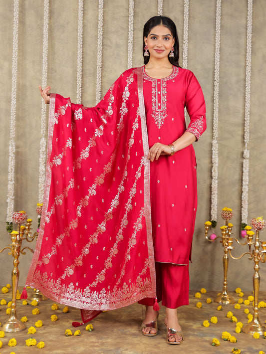Embroidered Romen silk Solid Pink Kurta