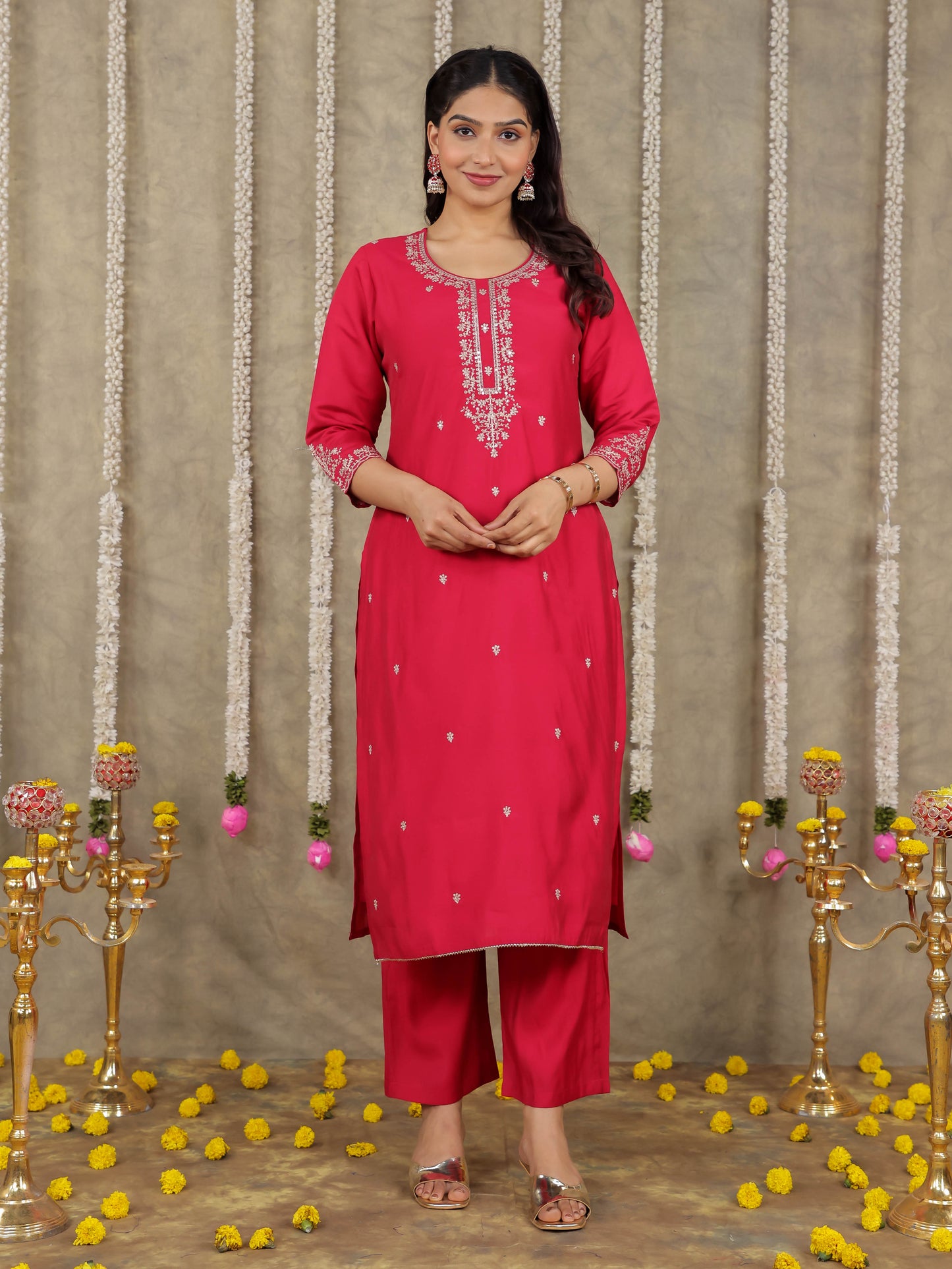Embroidered Romen silk Solid Pink Kurta