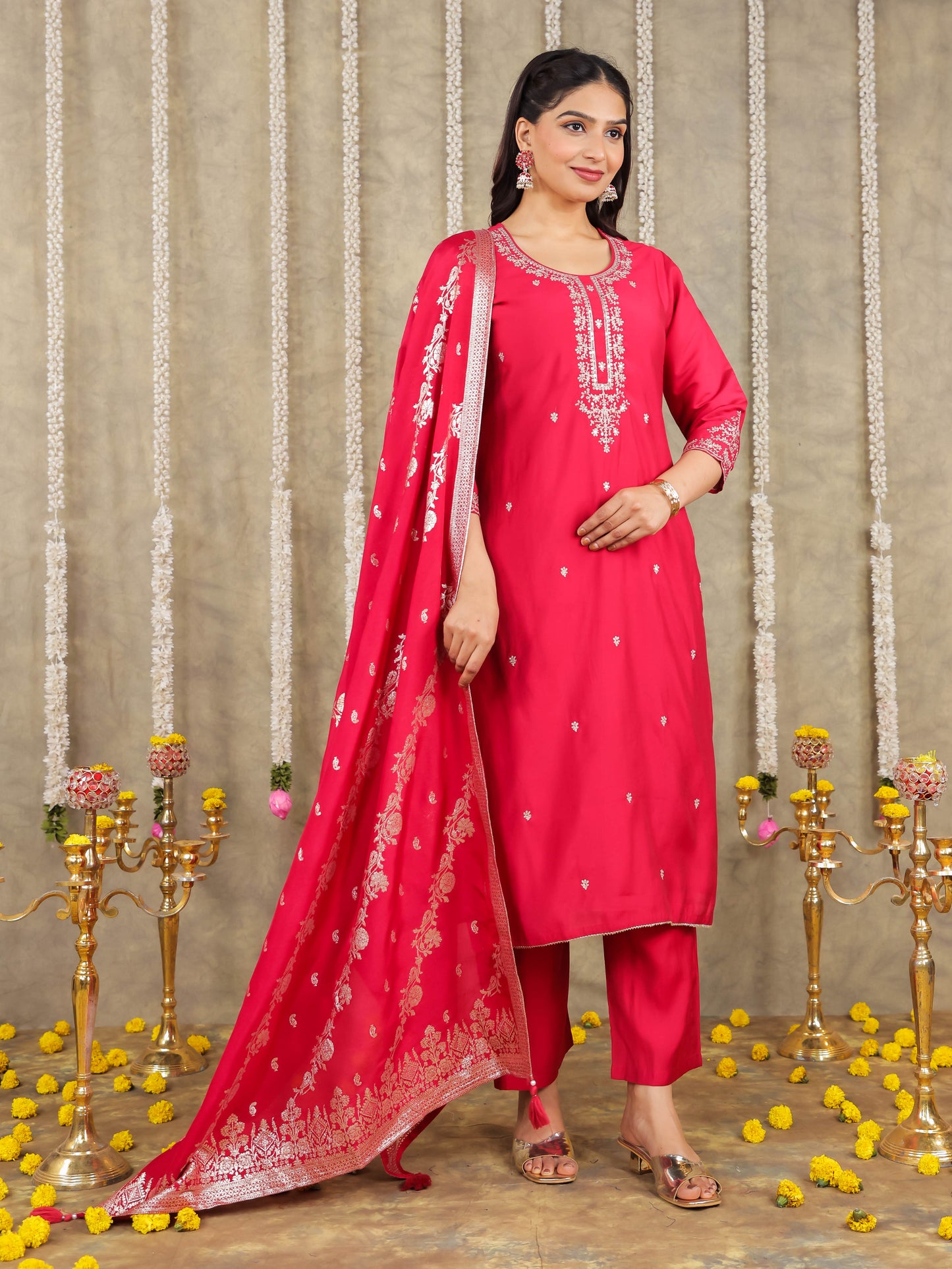 Embroidered Romen silk Solid Pink Kurta