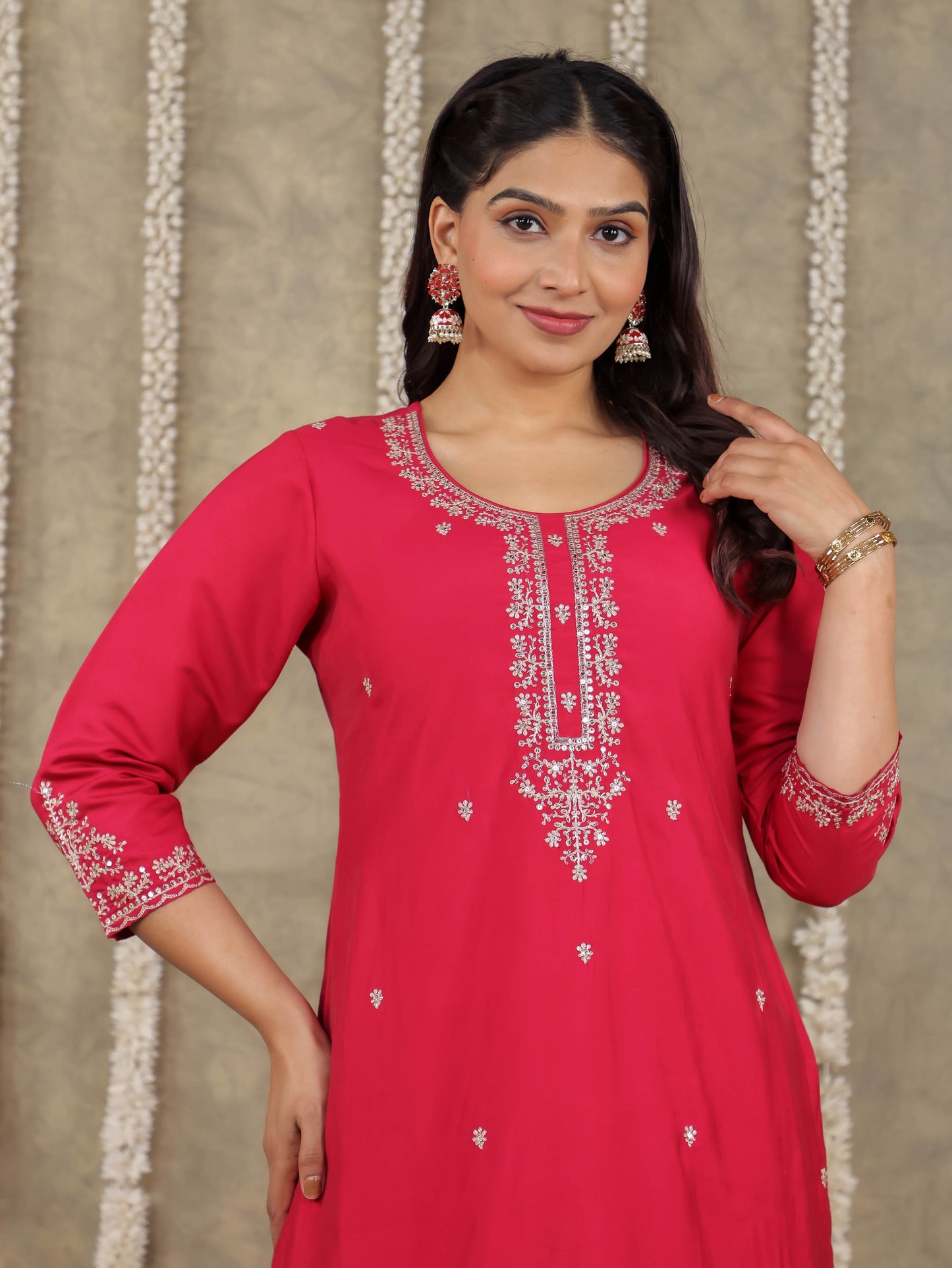 Embroidered Romen silk Solid Pink Kurta