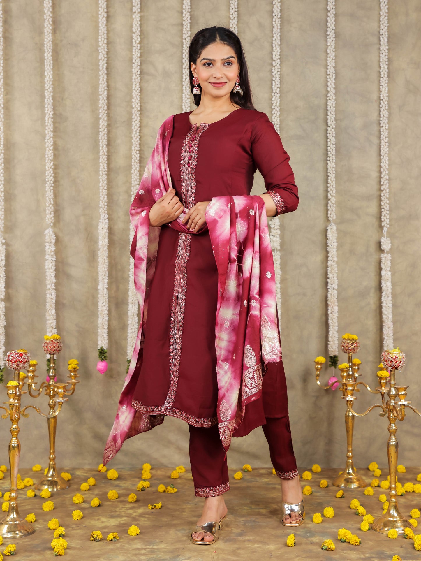 Embroidered Romen silk Solid Maroon Kurta