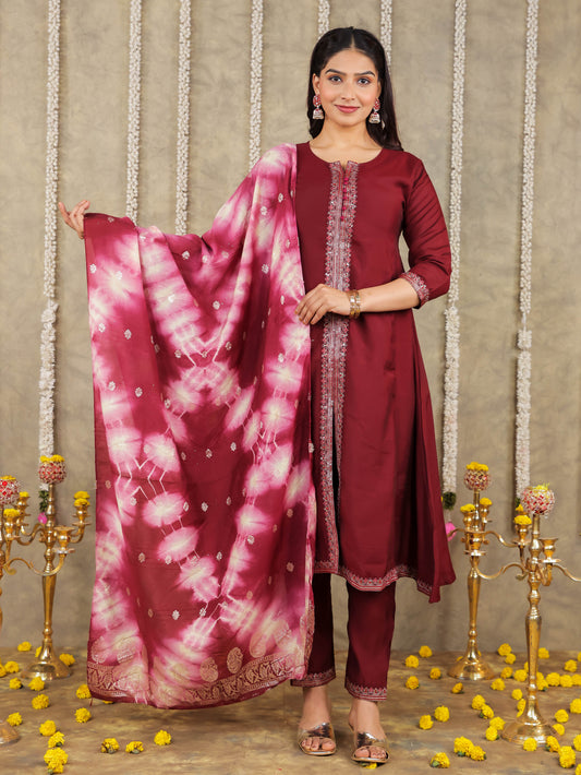 Embroidered Romen silk Solid Maroon Kurta