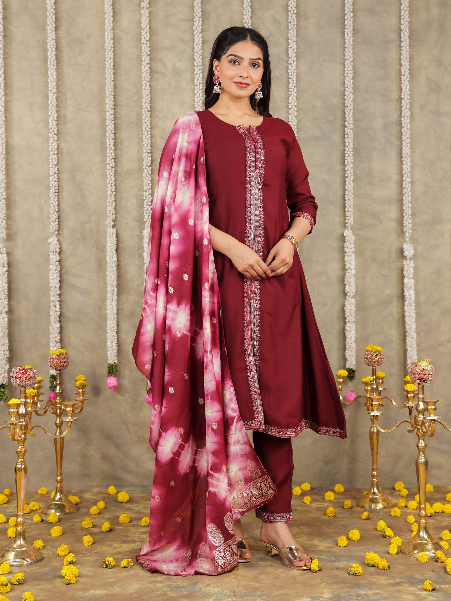 Embroidered Romen silk Solid Maroon Kurta