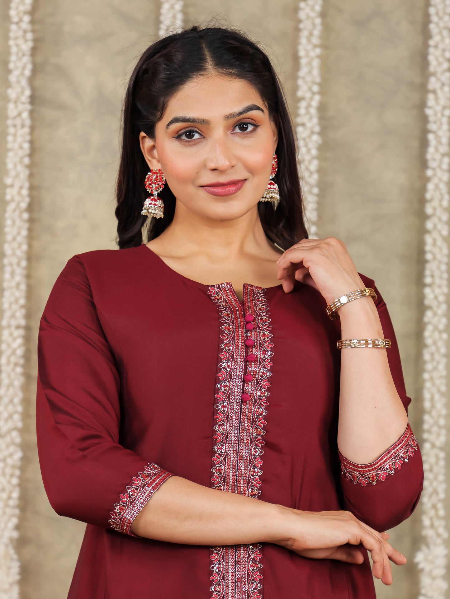Embroidered Romen silk Solid Maroon Kurta