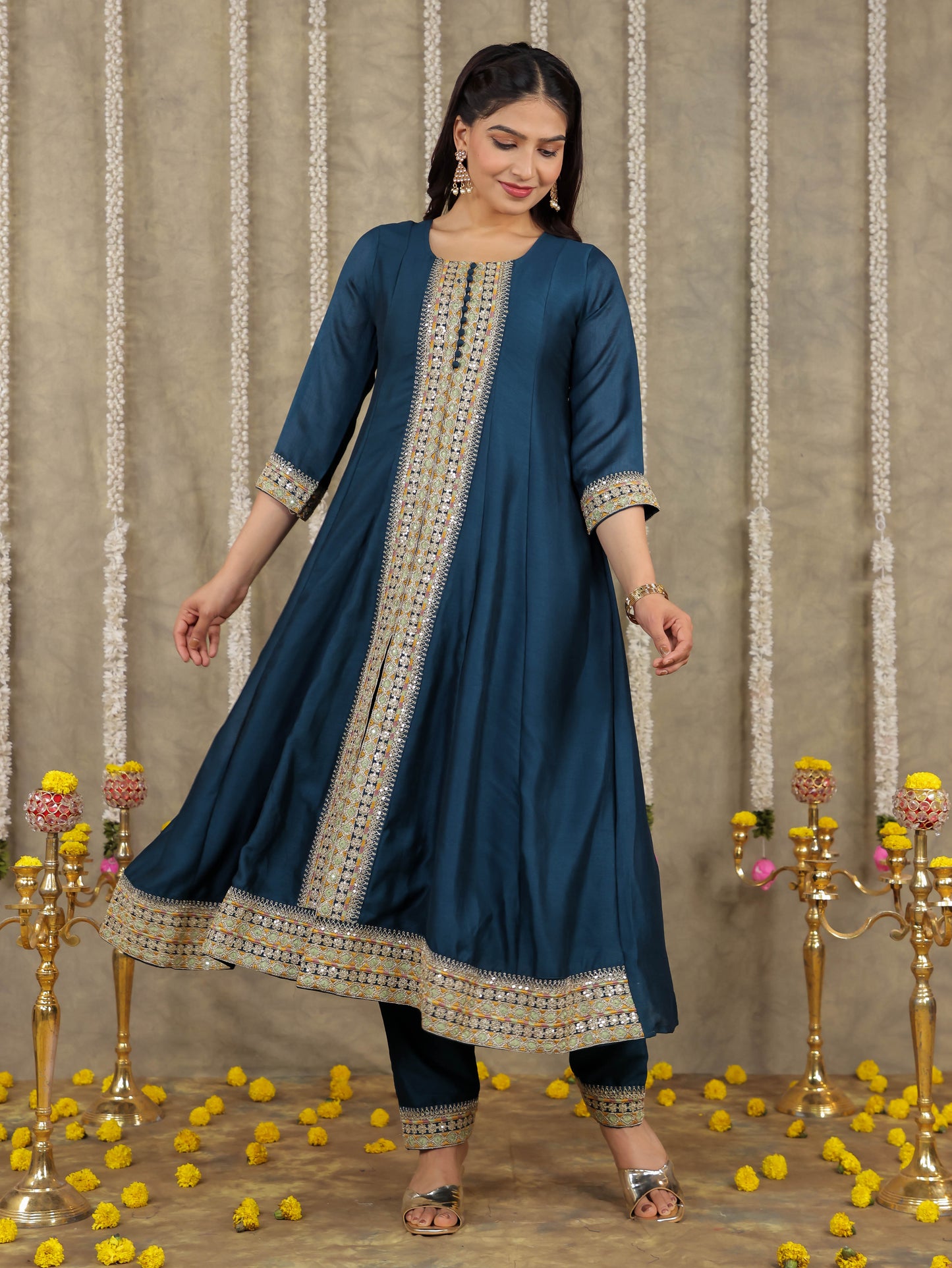 Embroidered Georgette Solid Teal Kurta