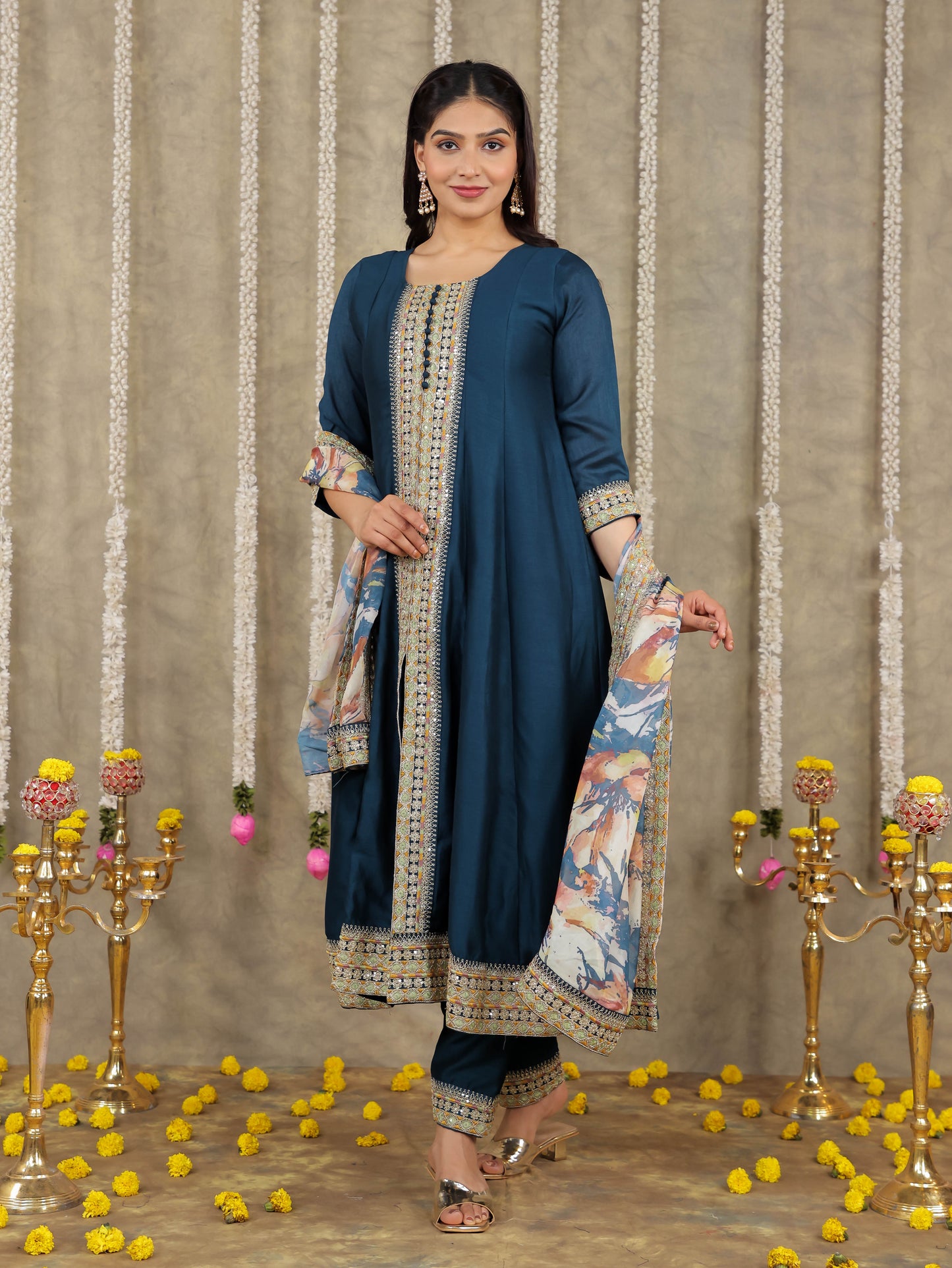 Embroidered Georgette Solid Teal Kurta