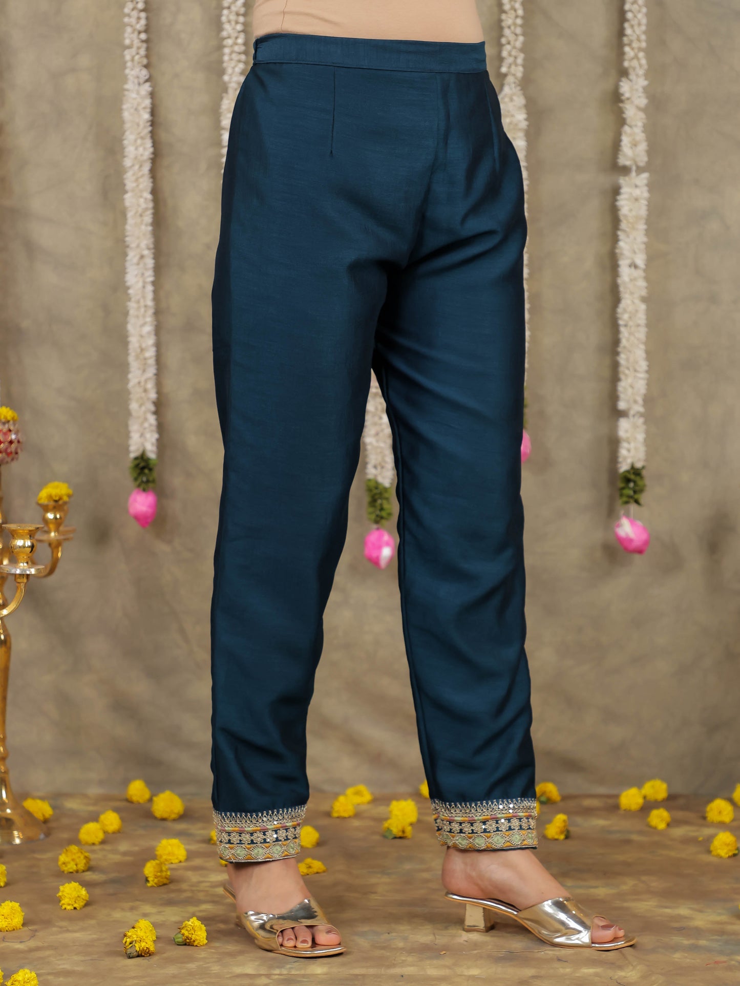 Embroidered Georgette Solid Teal Kurta
