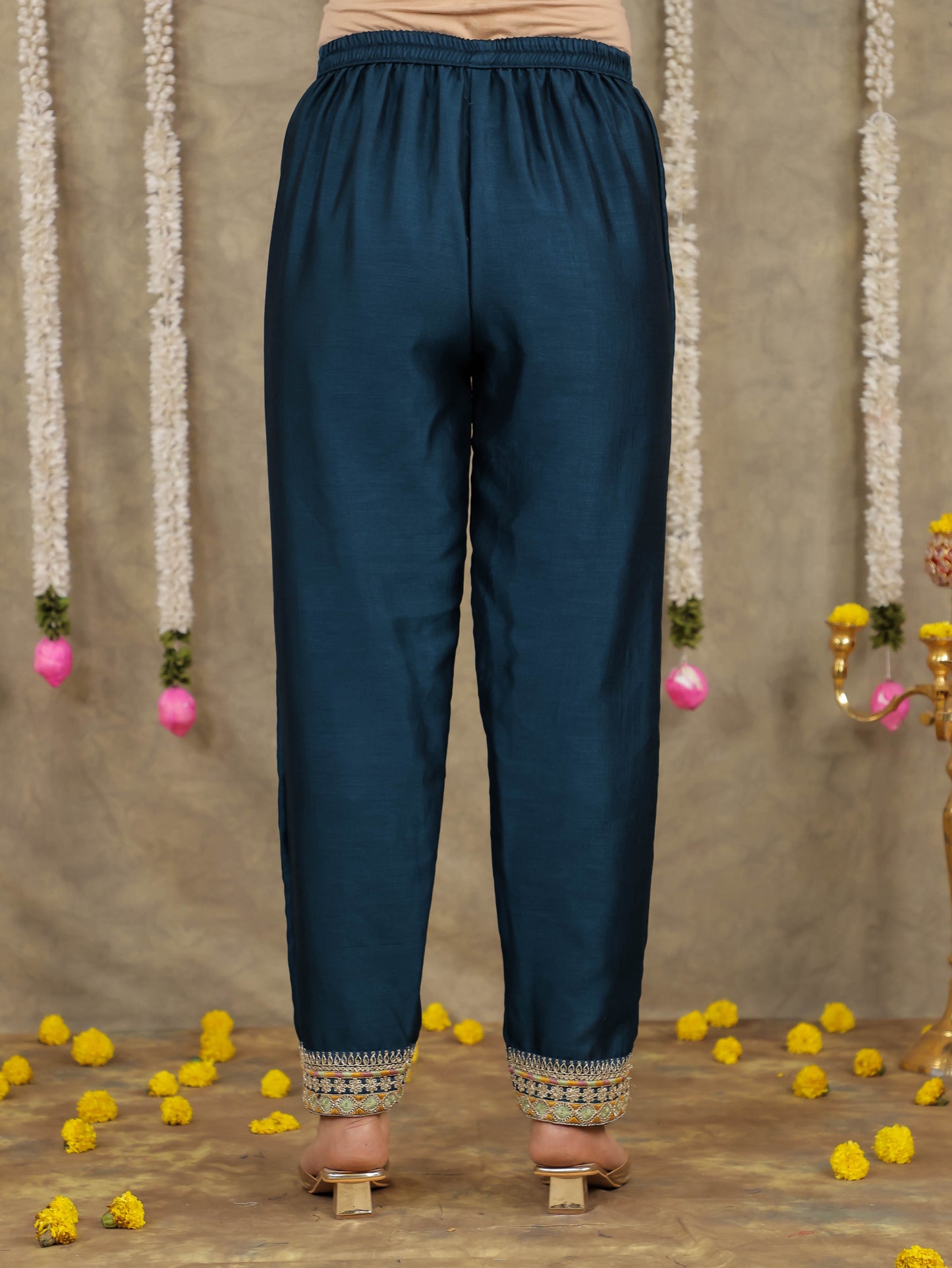 Embroidered Georgette Solid Teal Kurta