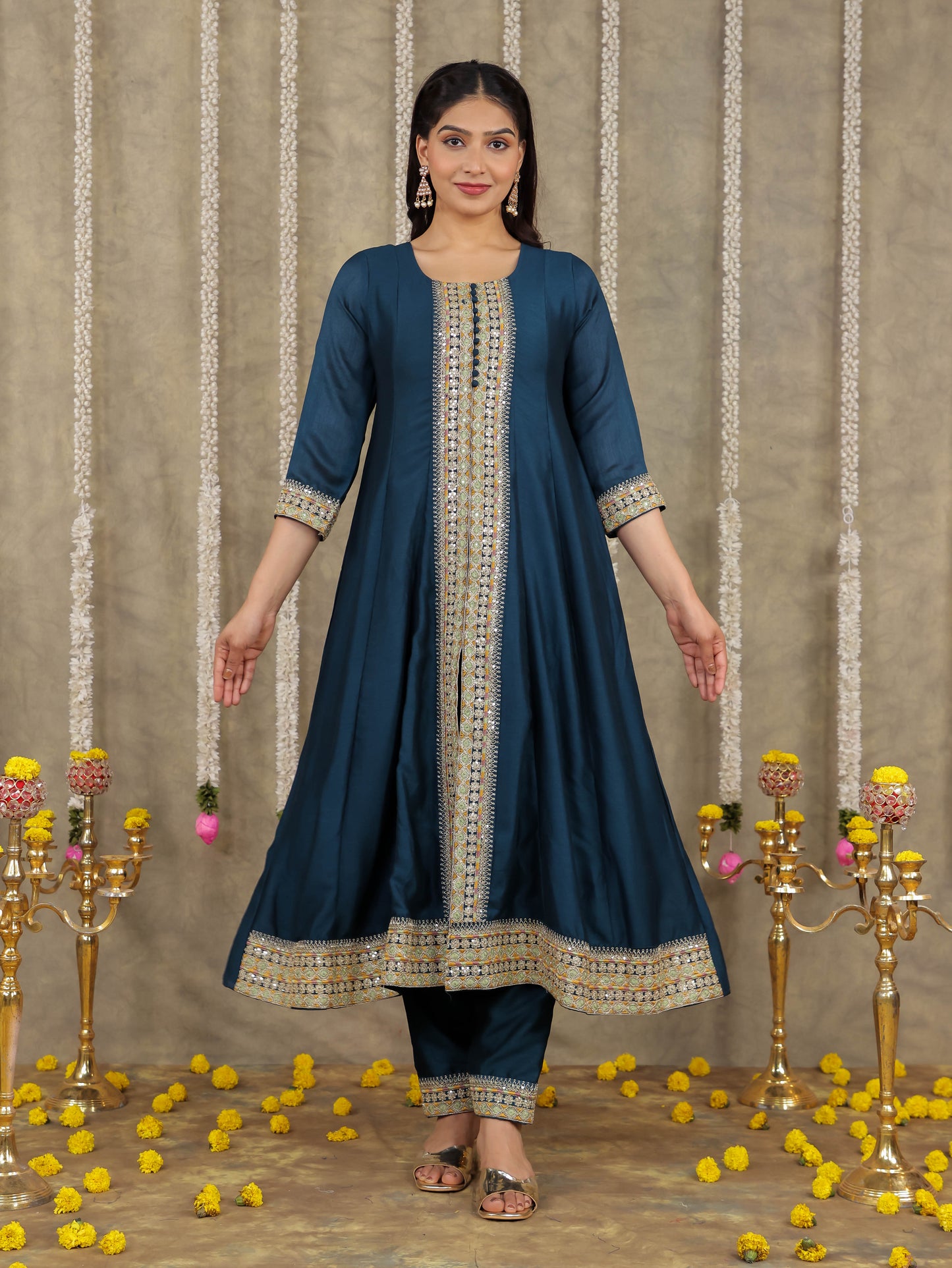 Embroidered Georgette Solid Teal Kurta