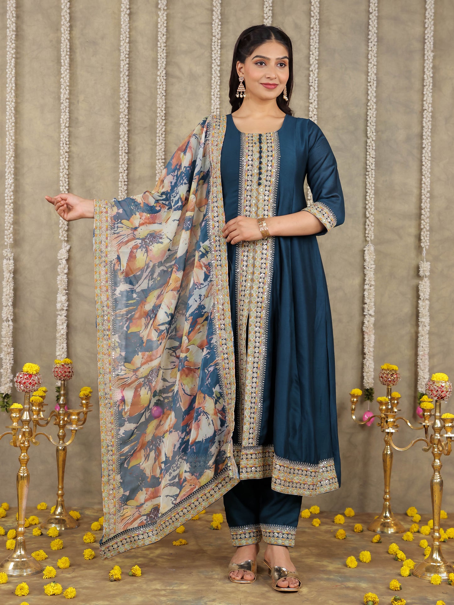 Embroidered Georgette Solid Teal Kurta