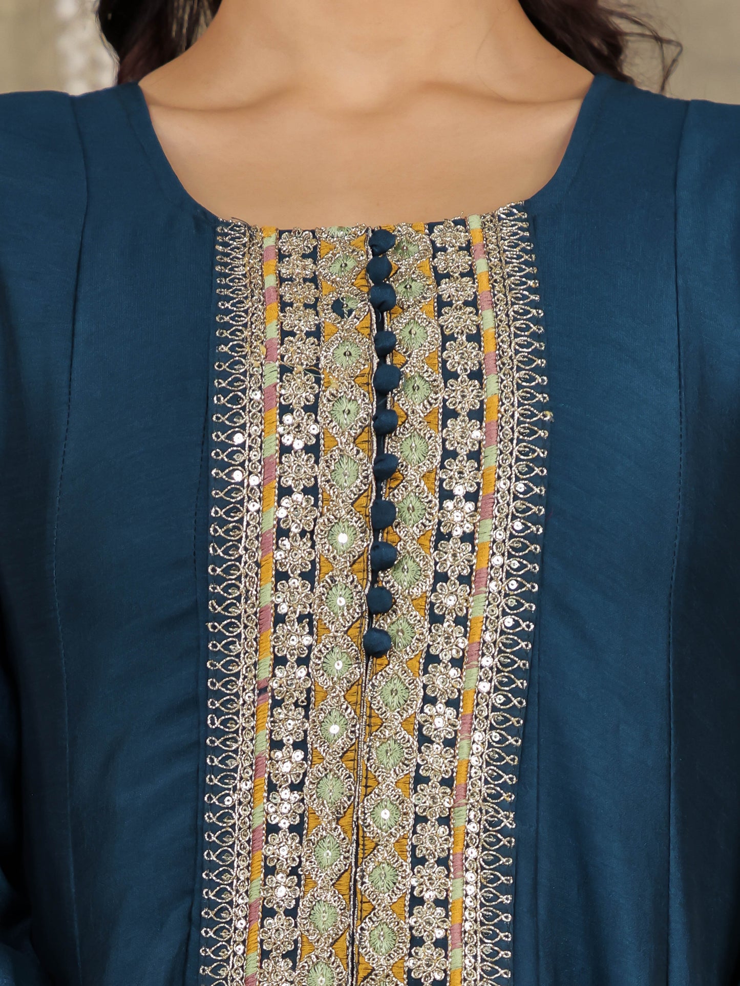 Embroidered Georgette Solid Teal Kurta