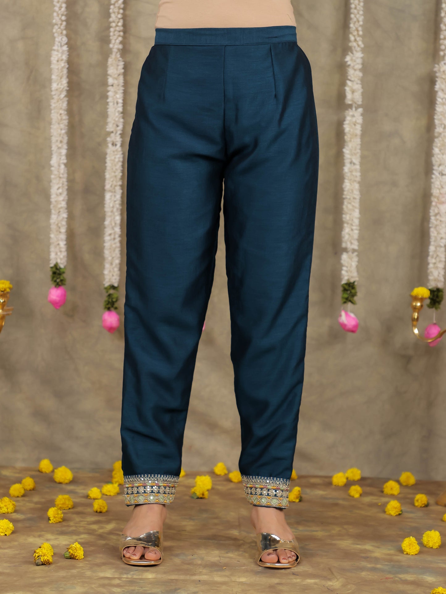 Embroidered Georgette Solid Teal Kurta