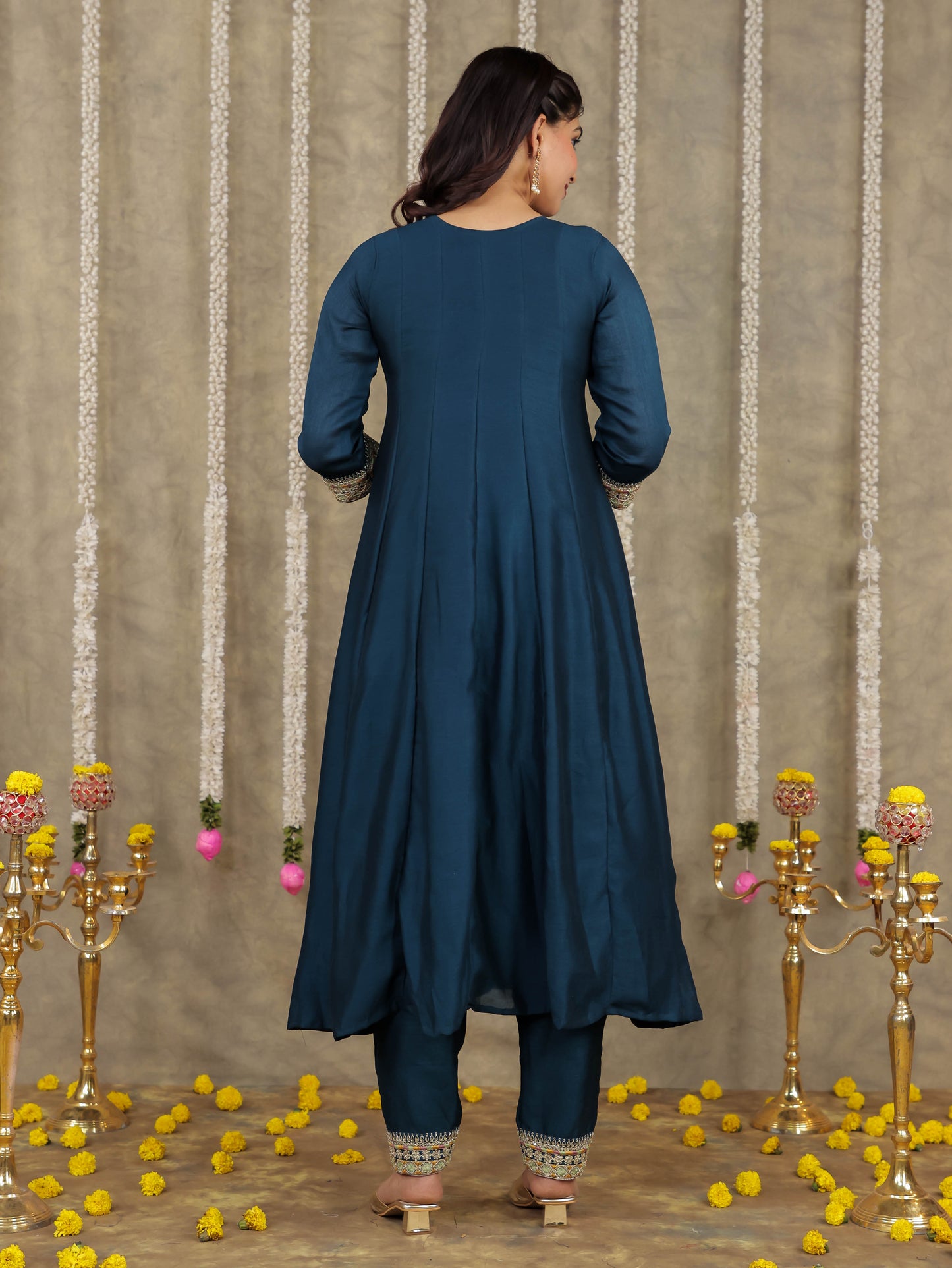Embroidered Georgette Solid Teal Kurta
