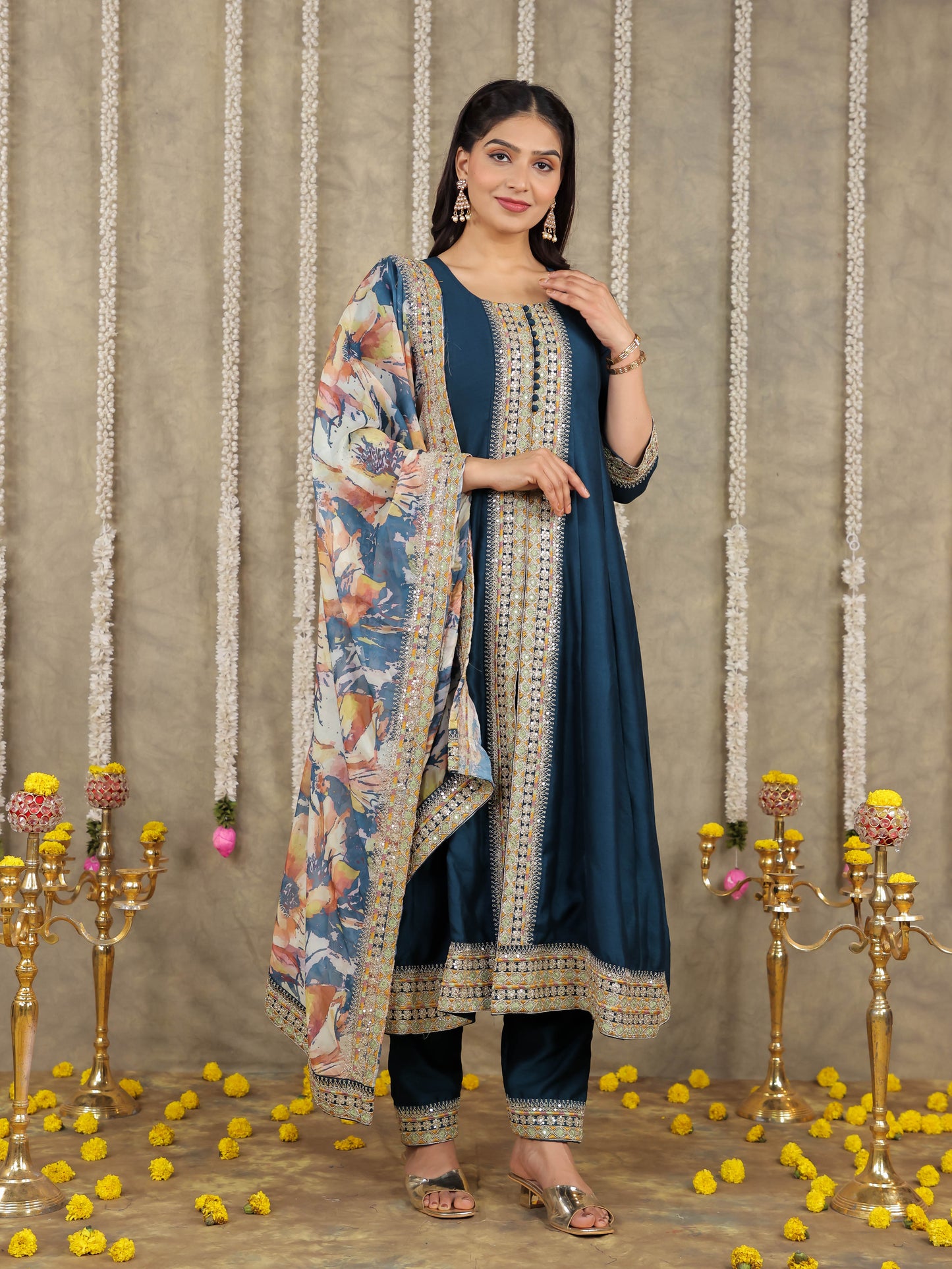 Embroidered Georgette Solid Teal Kurta