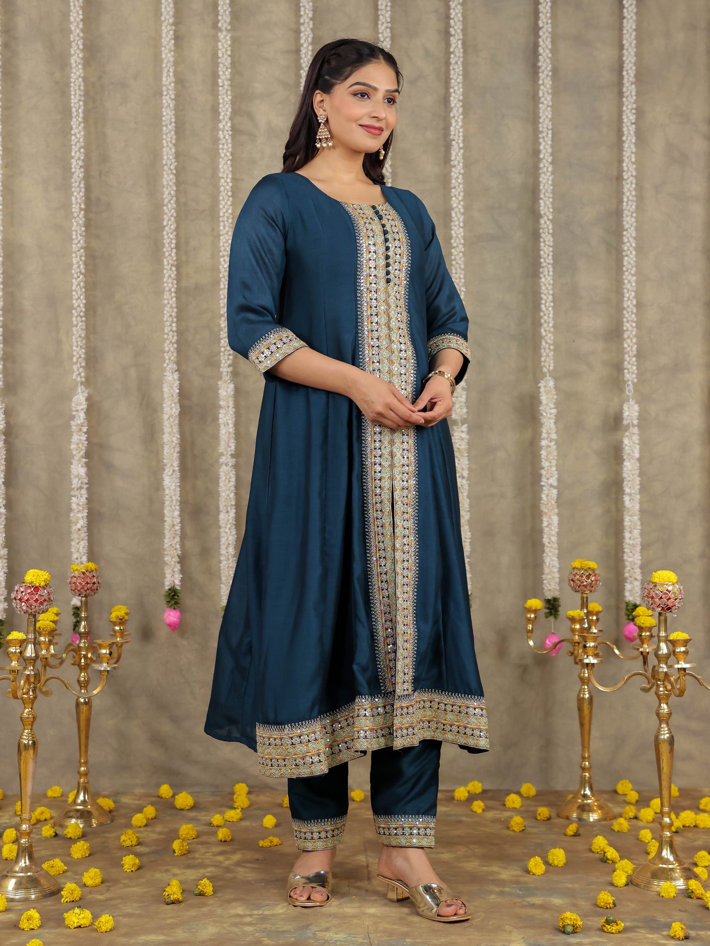 Embroidered Georgette Solid Teal Kurta