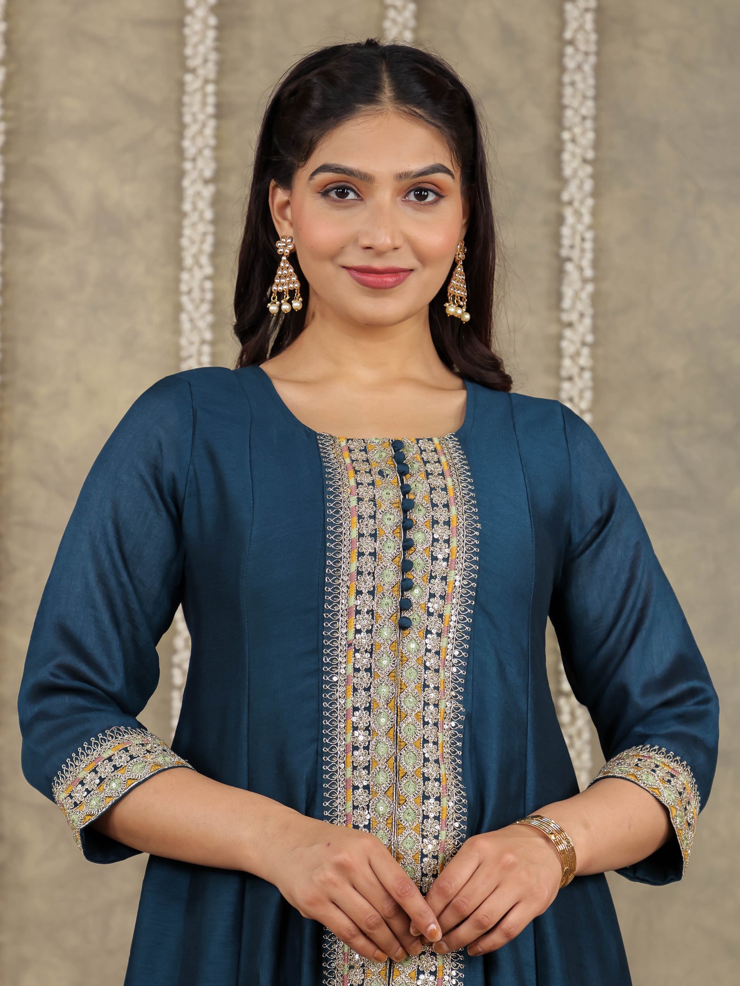 Embroidered Georgette Solid Teal Kurta
