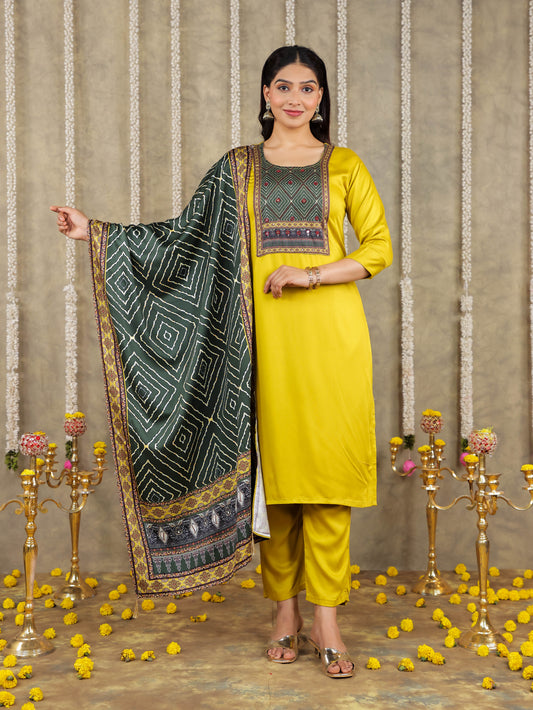 Embroidered Romen silk Solid Yellow Kurta