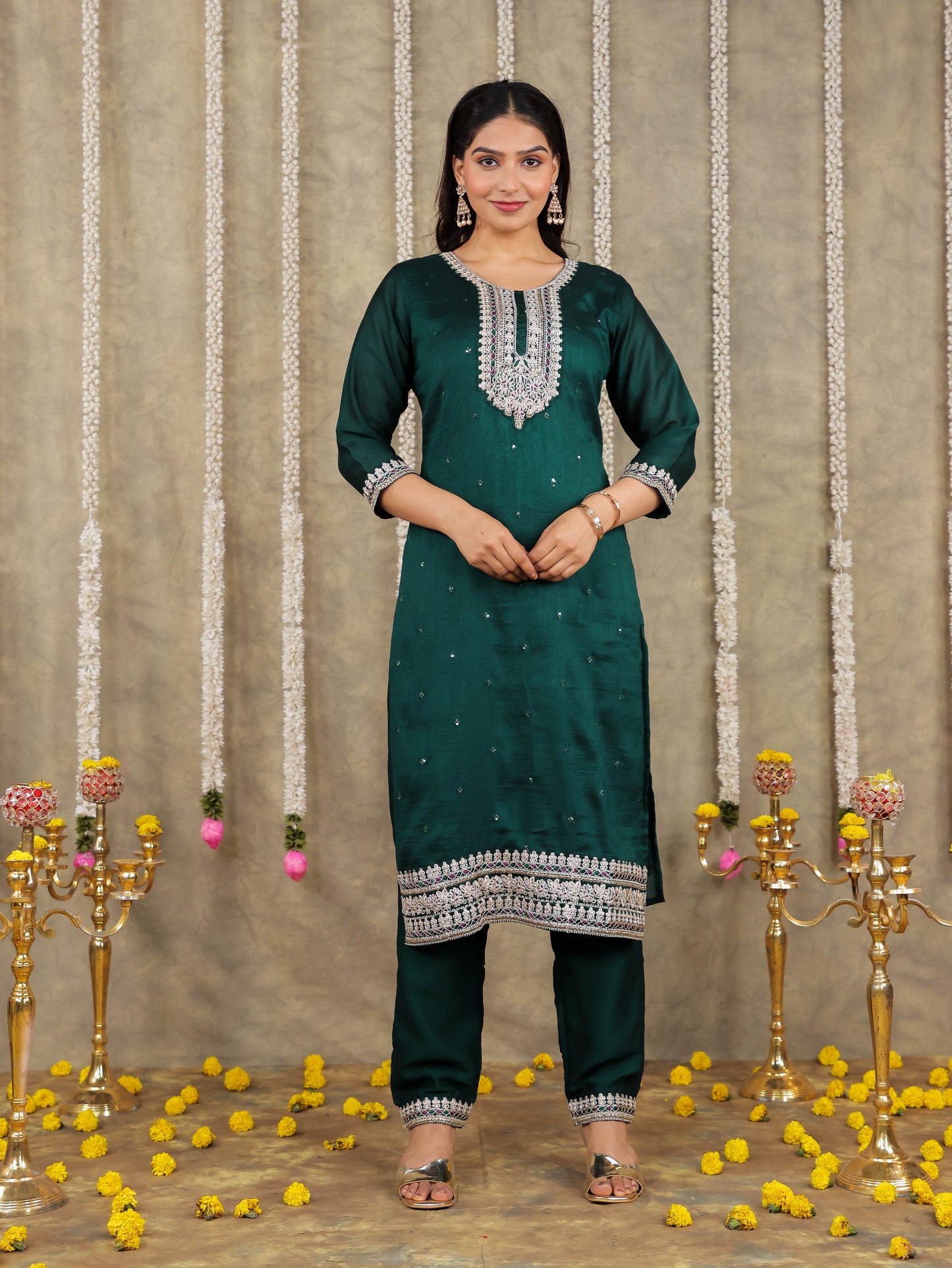 Embroidered Georgette Solid Green Kurta