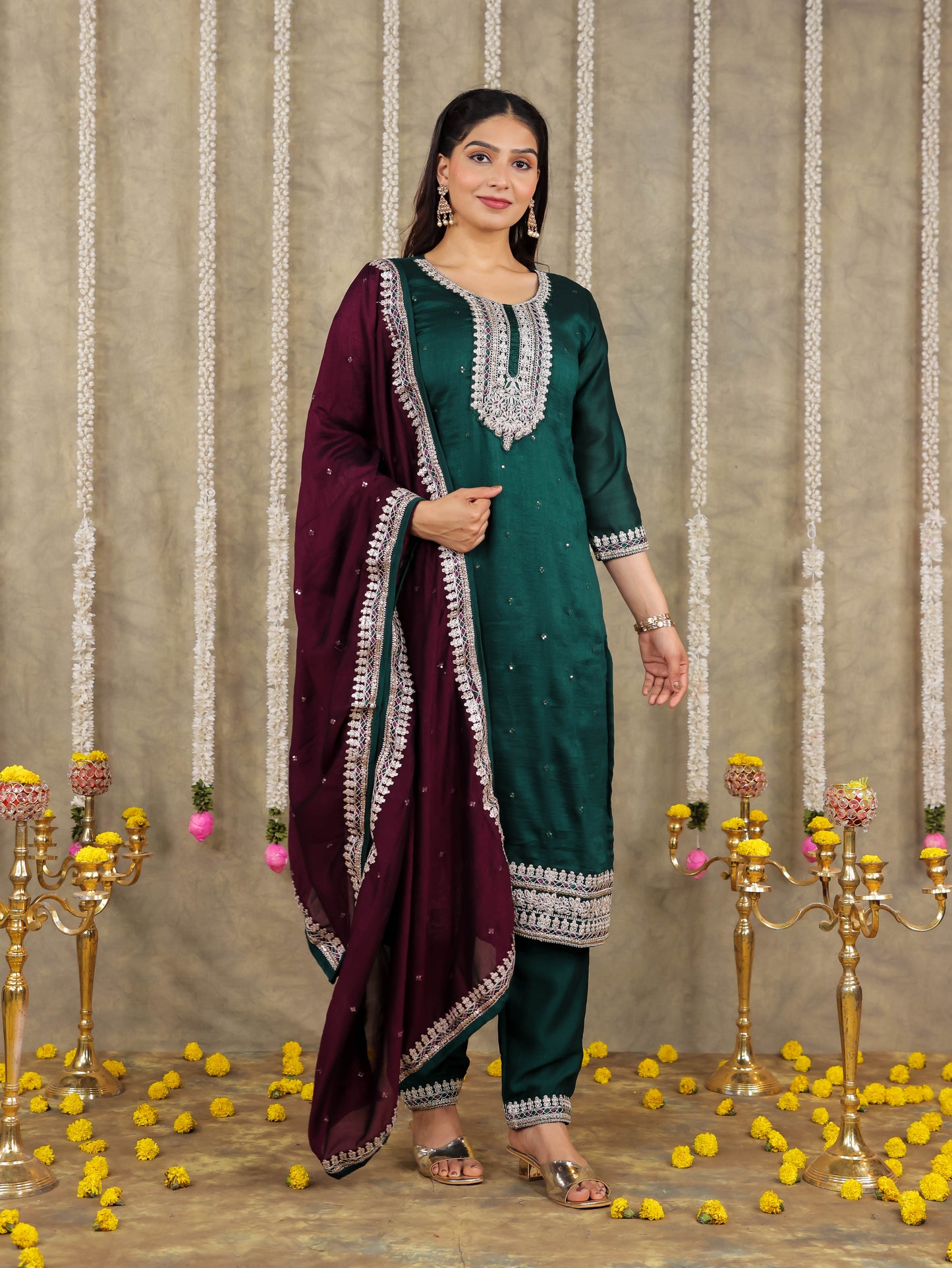Embroidered Georgette Solid Green Kurta