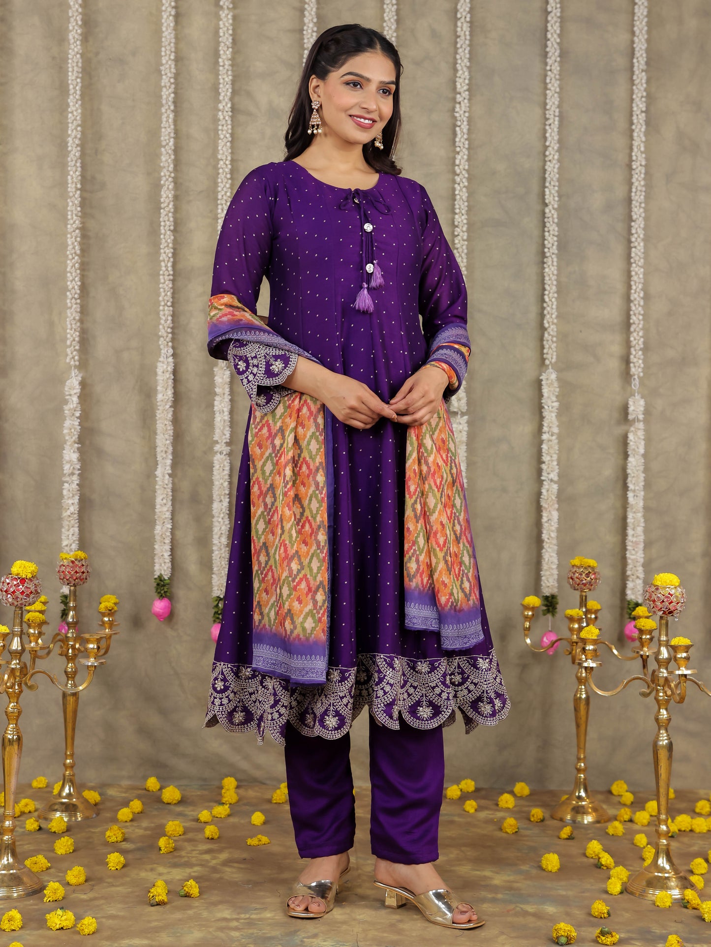 Embroidered Self Design Georgette Solid Purple Kurta