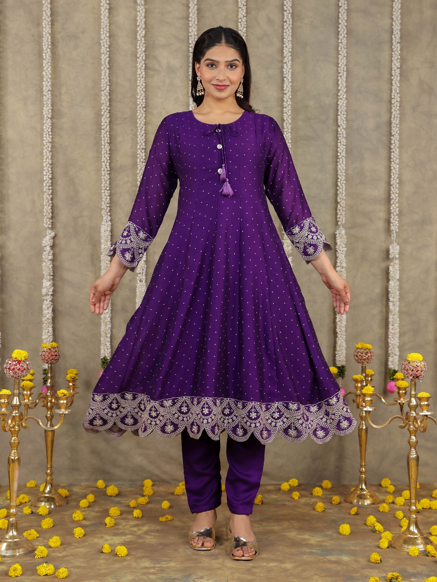 Embroidered Self Design Georgette Solid Purple Kurta