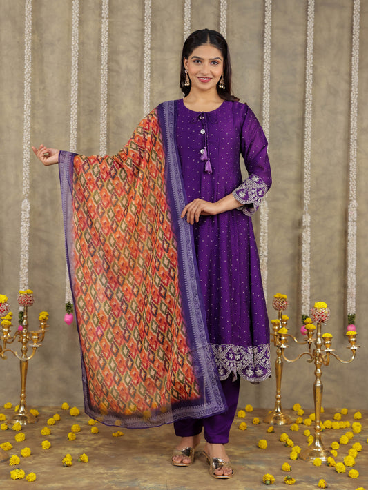 Embroidered Self Design Georgette Solid Purple Kurta