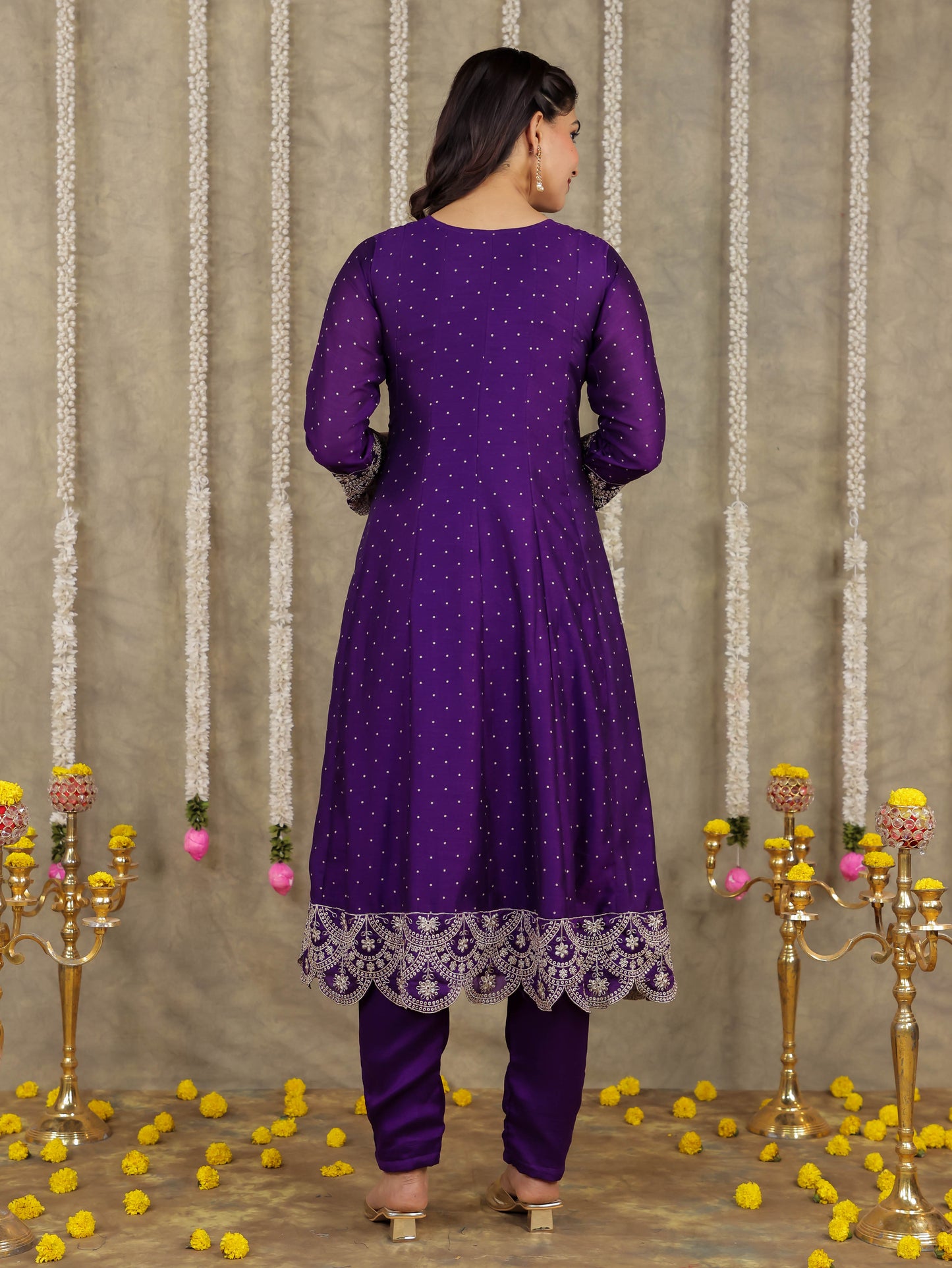 Embroidered Self Design Georgette Solid Purple Kurta