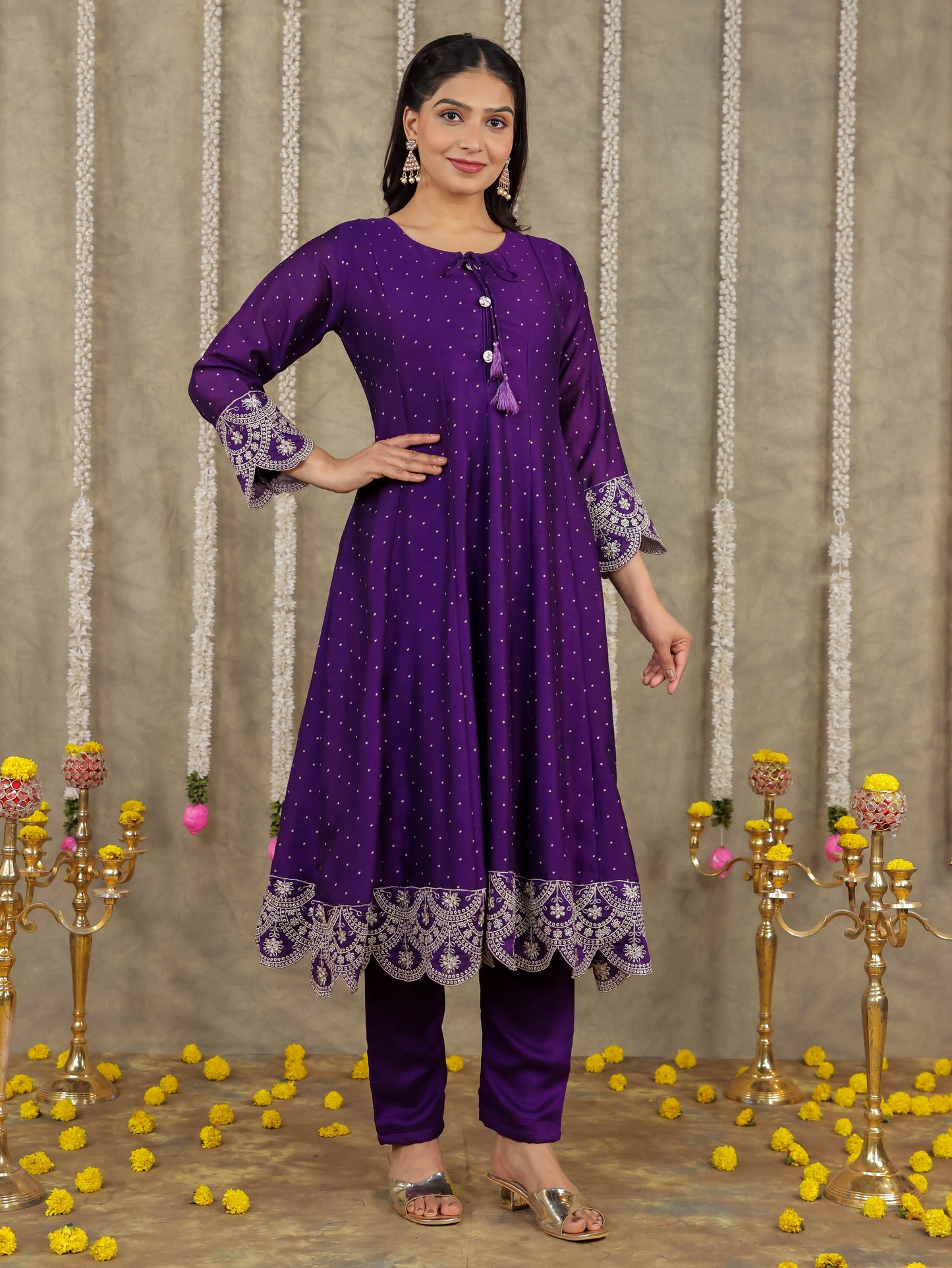 Embroidered Self Design Georgette Solid Purple Kurta