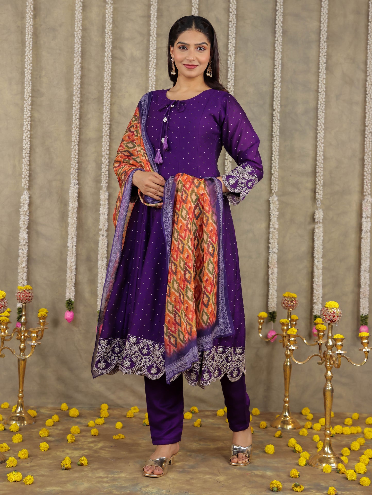 Embroidered Self Design Georgette Solid Purple Kurta