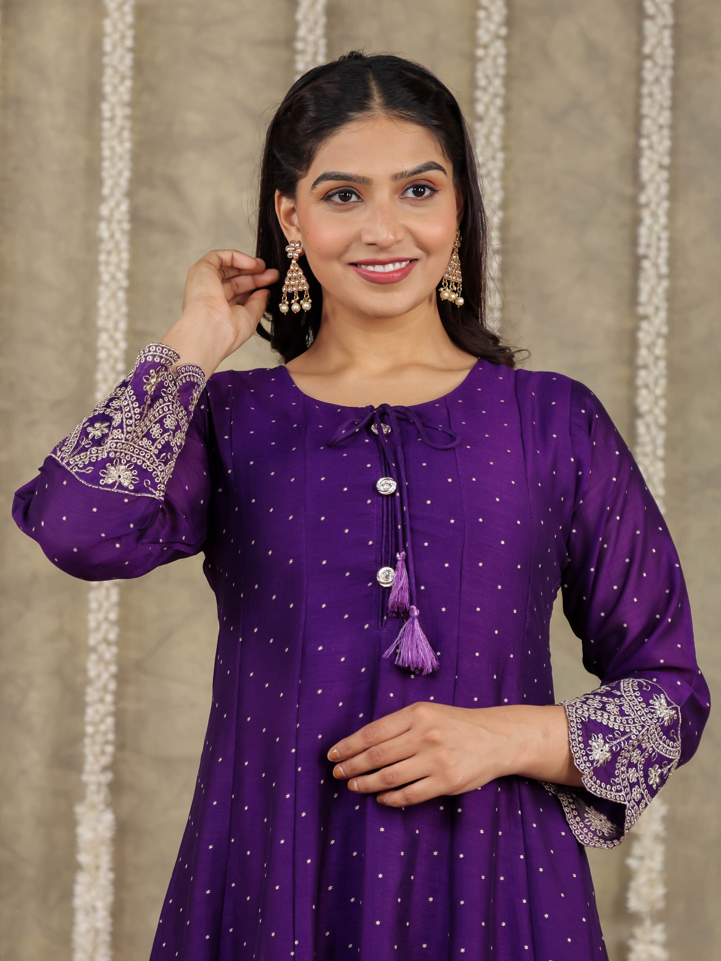 Embroidered Self Design Georgette Solid Purple Kurta