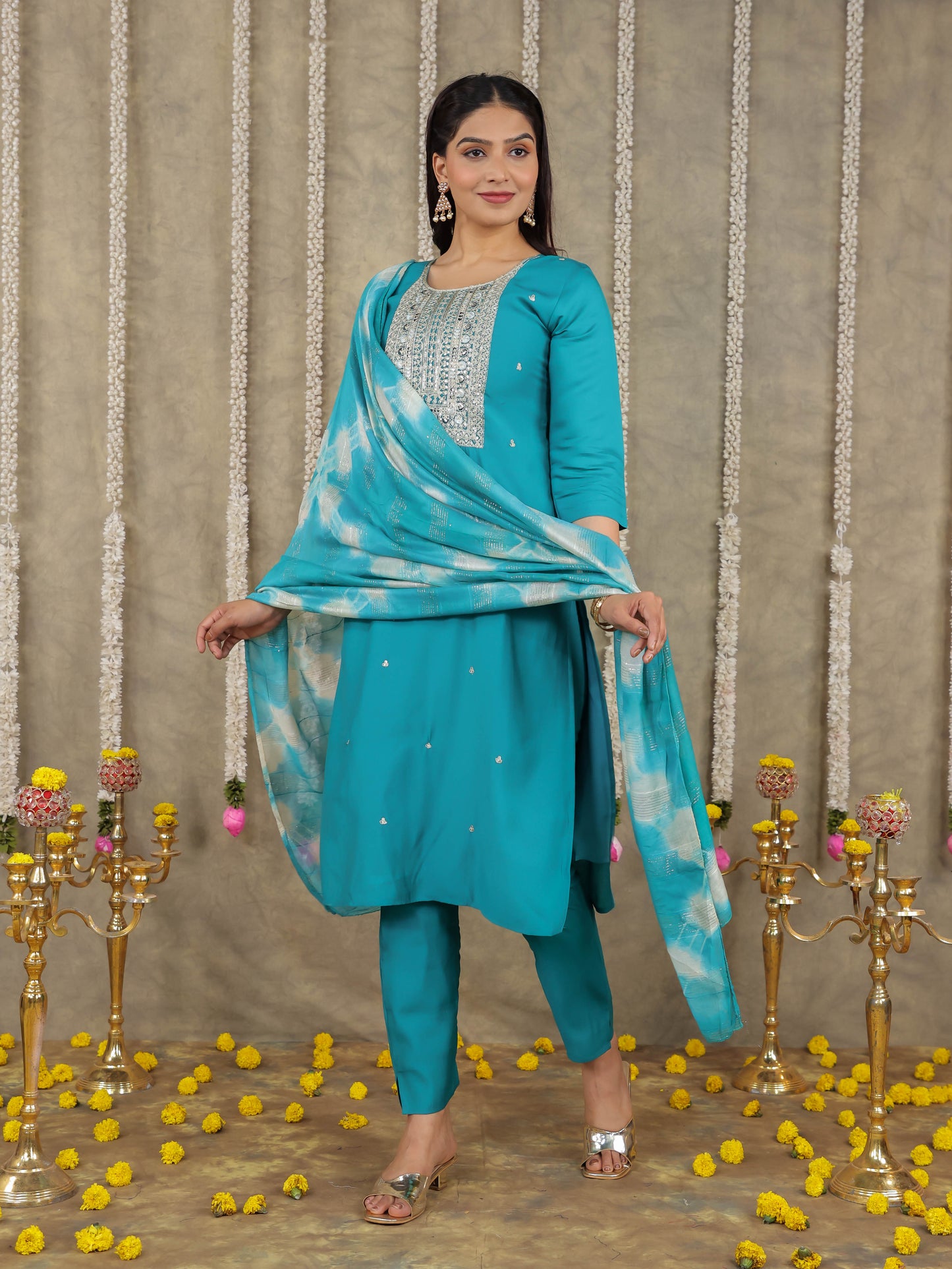 Embroidered Romen silk Solid Sea Green Kurta