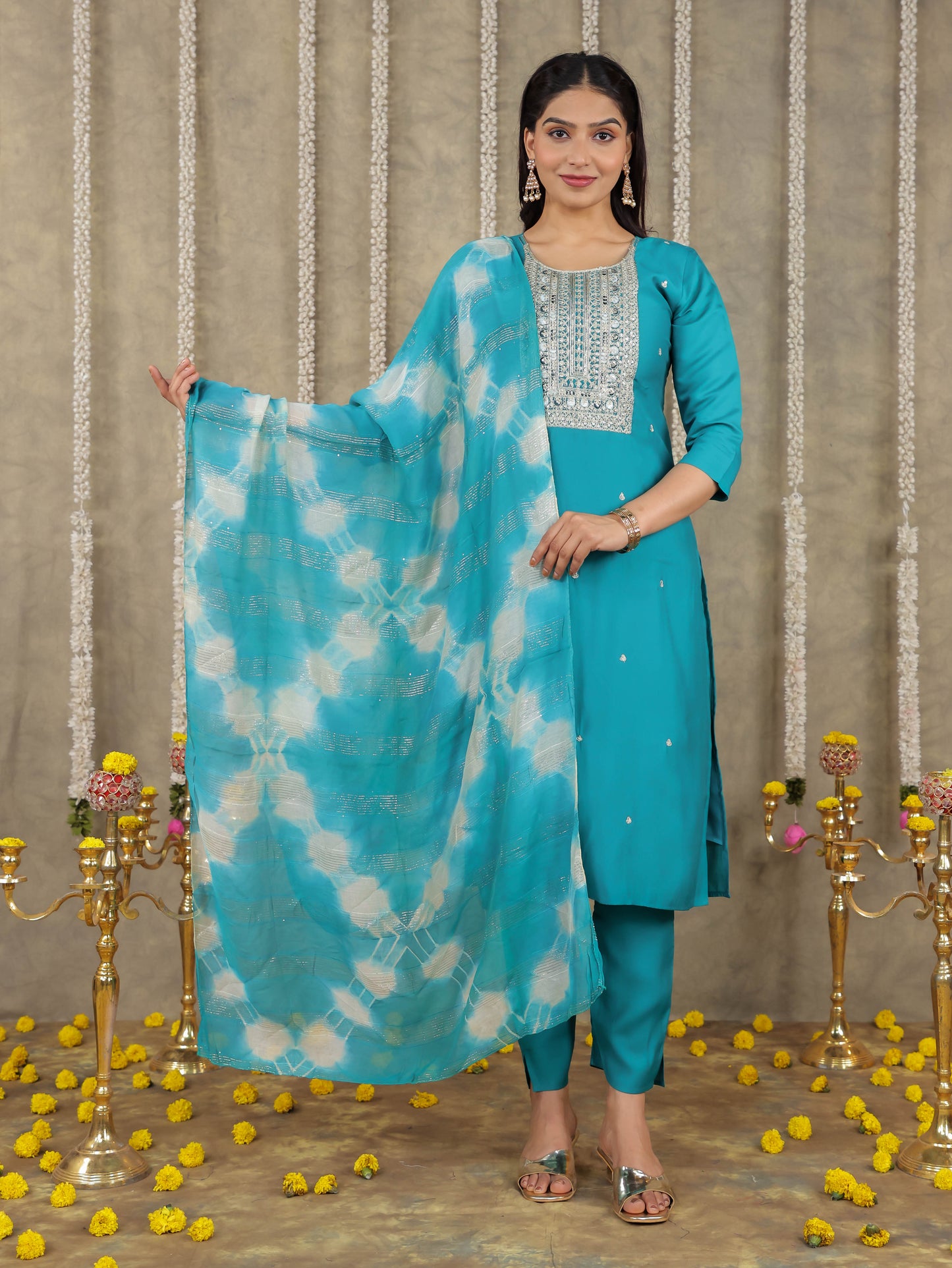 Embroidered Romen silk Solid Sea Green Kurta