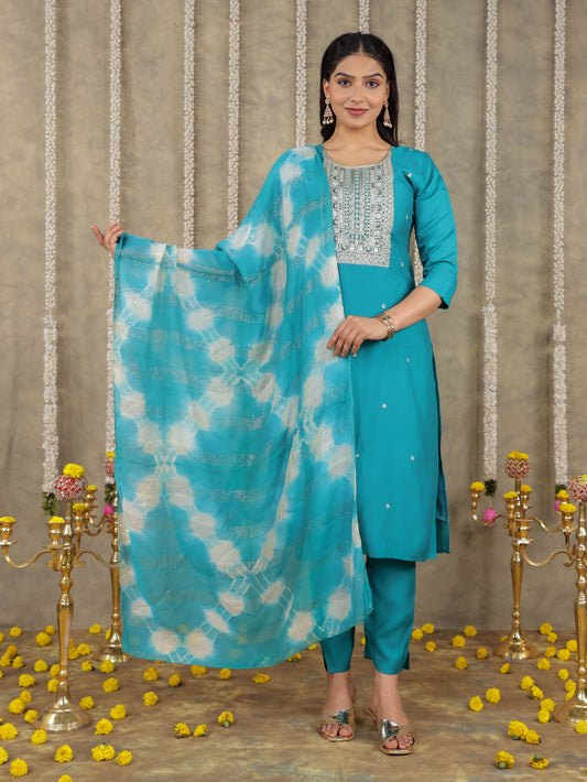 Embroidered Romen silk Solid Sea Green Kurta